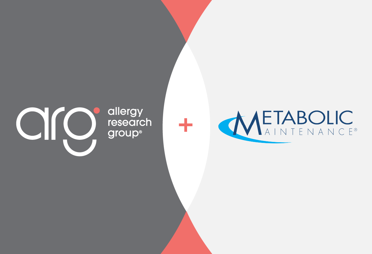 Partnership graphic featuring allergy research group logo on the left and metabolic maintenance logo on the right with a plus sign in the center
