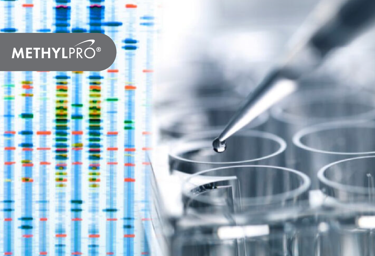 Laboratory scene with a pipette and a colorful DNA gel image beside a MethylPro logo