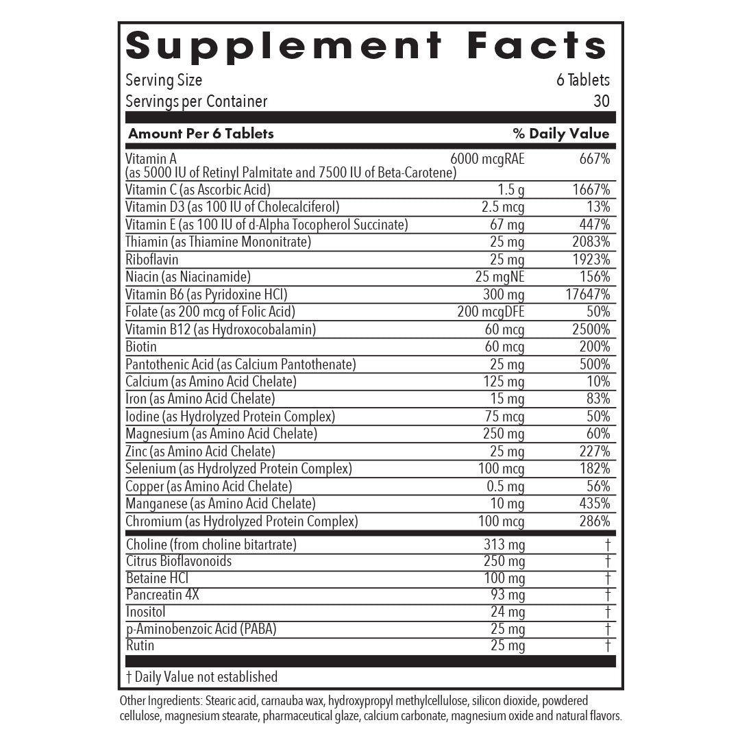 Optimox® Optivite® - supplement fact label with Vitamin A,C,D3,E,Thiamin and more