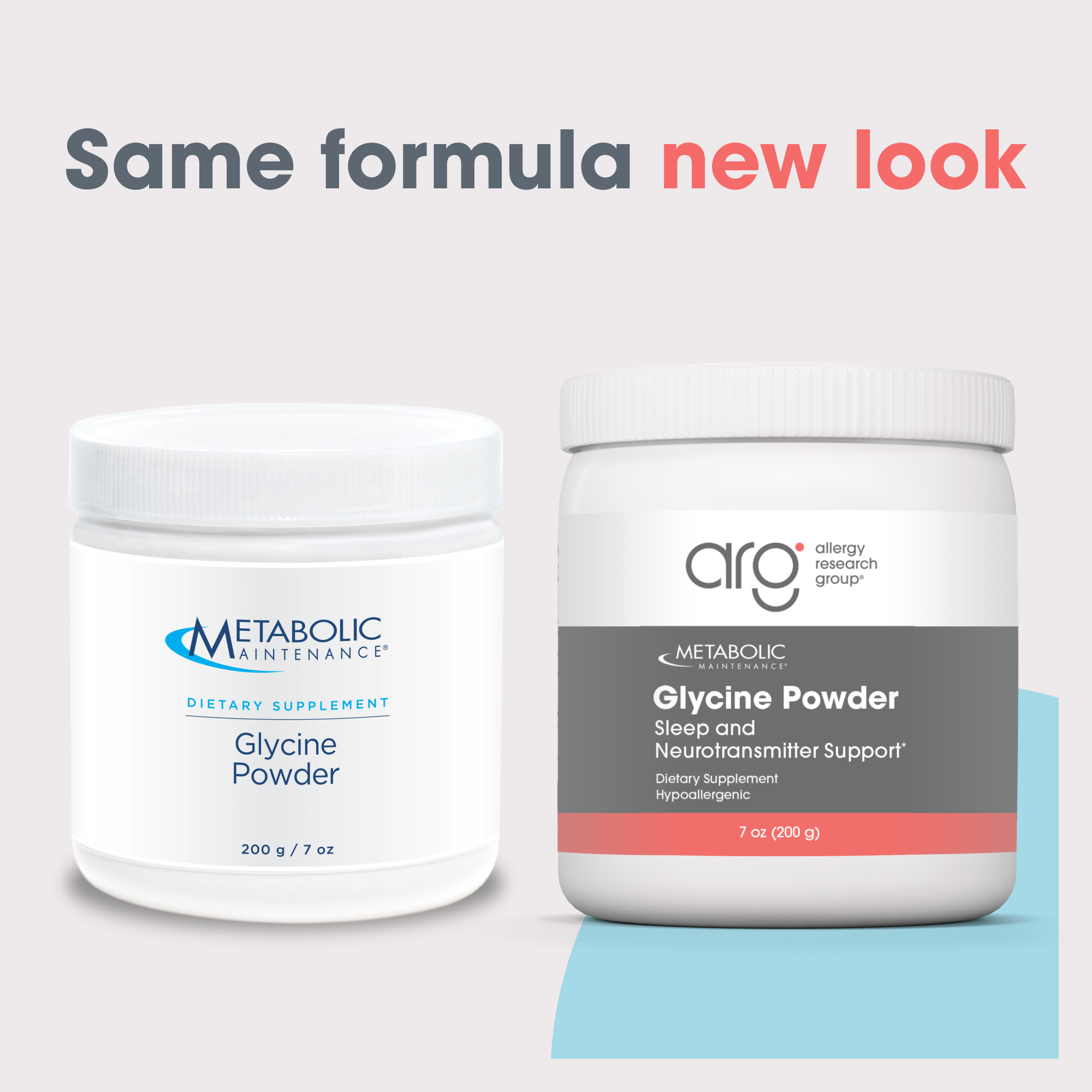 Two Glycine Powder jars side by side showing new look packaging and branding.