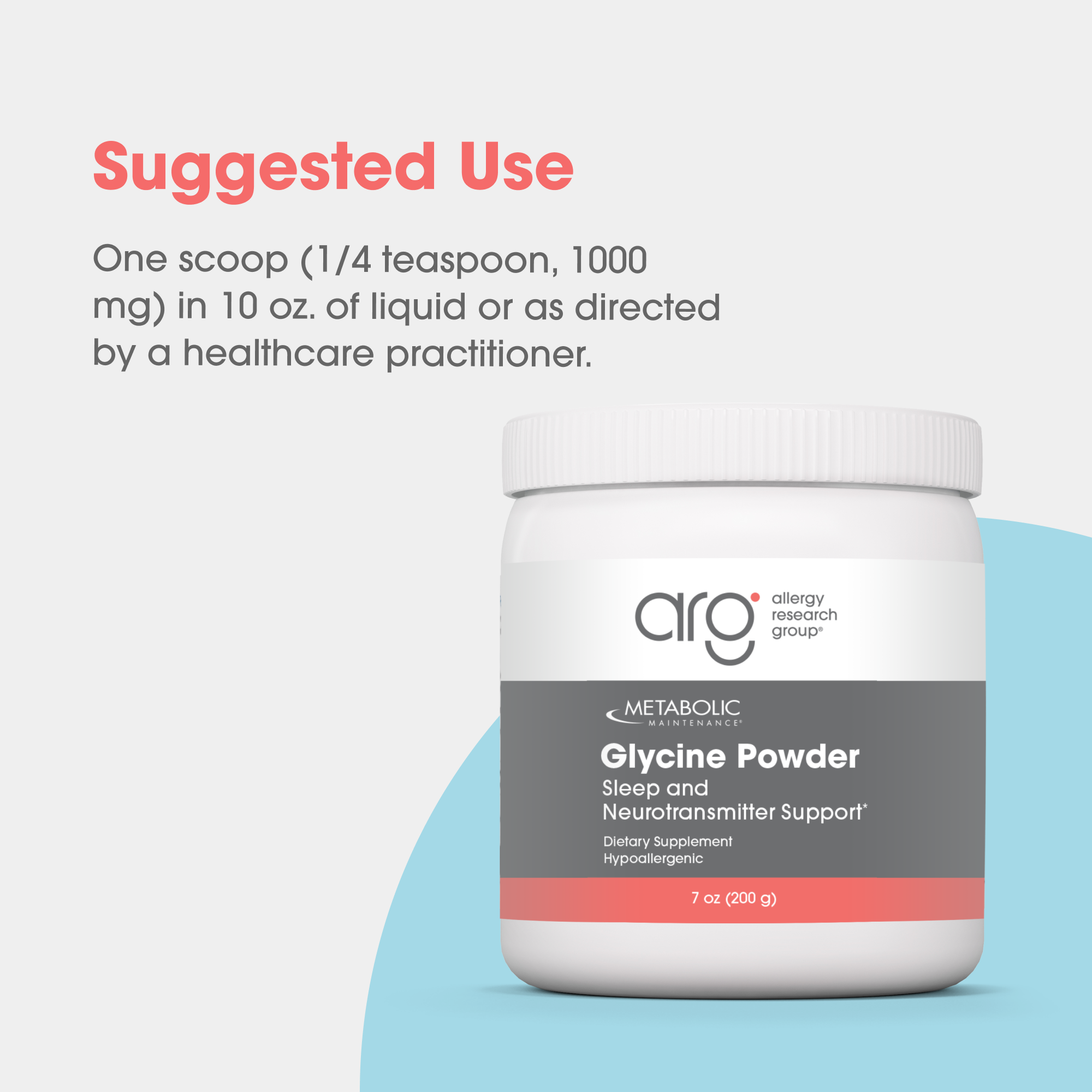 Bottle of Metabolic Maintenance Glycine Powder labeled Sleep and Neurotransmitter Support against a light background.