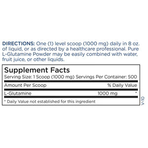 Supplement Facts panel for Metabolic Maintenance L-Glutamine Powder showing serving size and pure L-glutamine content
