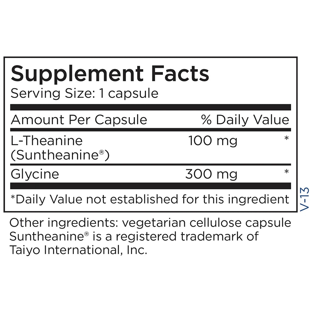 Supplement Facts panel for Metabolic Maintenance L-Theanine 100 mg showing serving size and amino acid content for relaxation support