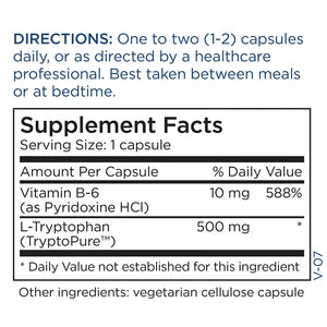 Supplement Facts panel for Metabolic Maintenance L-Tryptophan 500 mg showing serving size and amino acid content