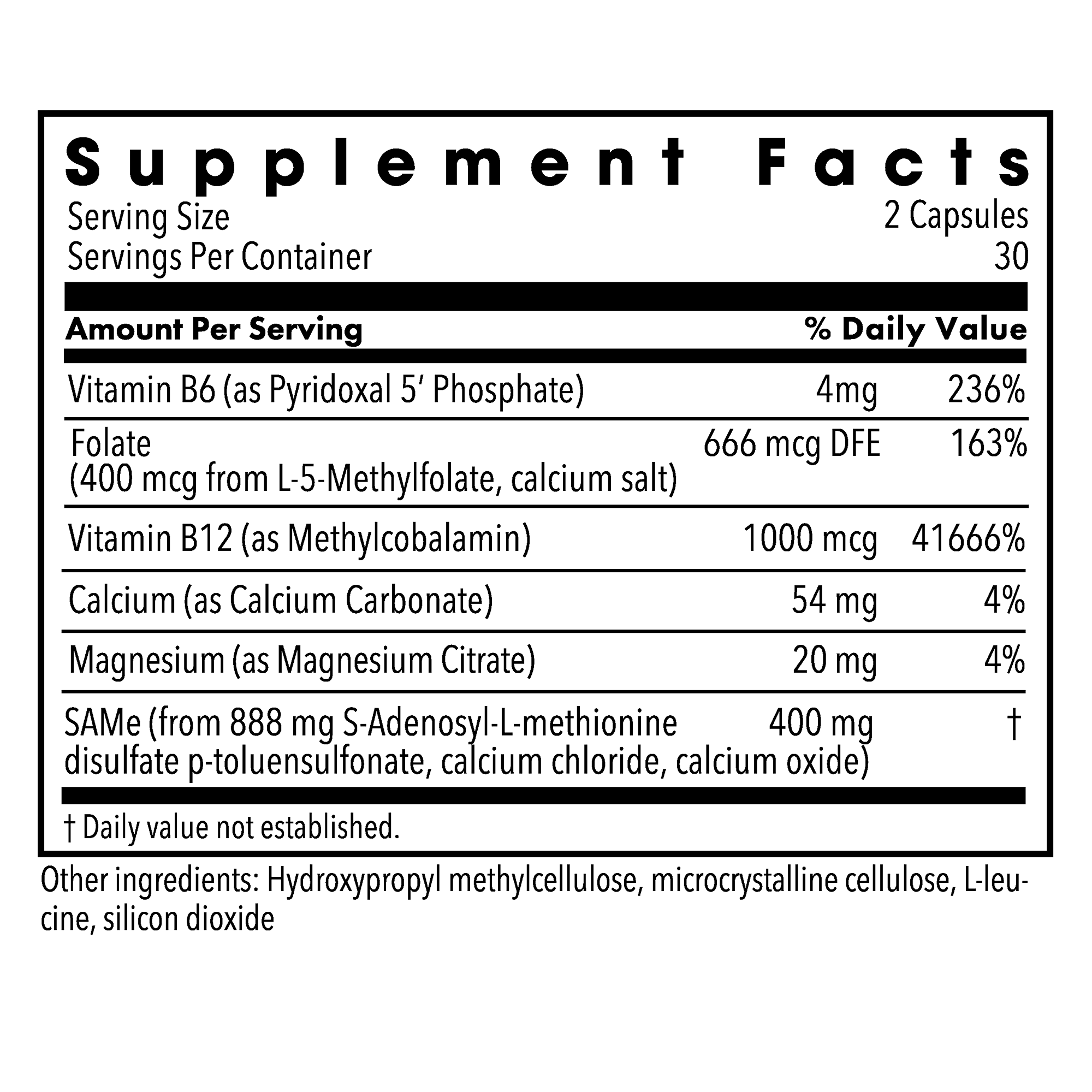 Supplement Facts panel for SAMe + Cofactors showing vitamin B6, folate, vitamin B12, magnesium, calcium, and SAMe
