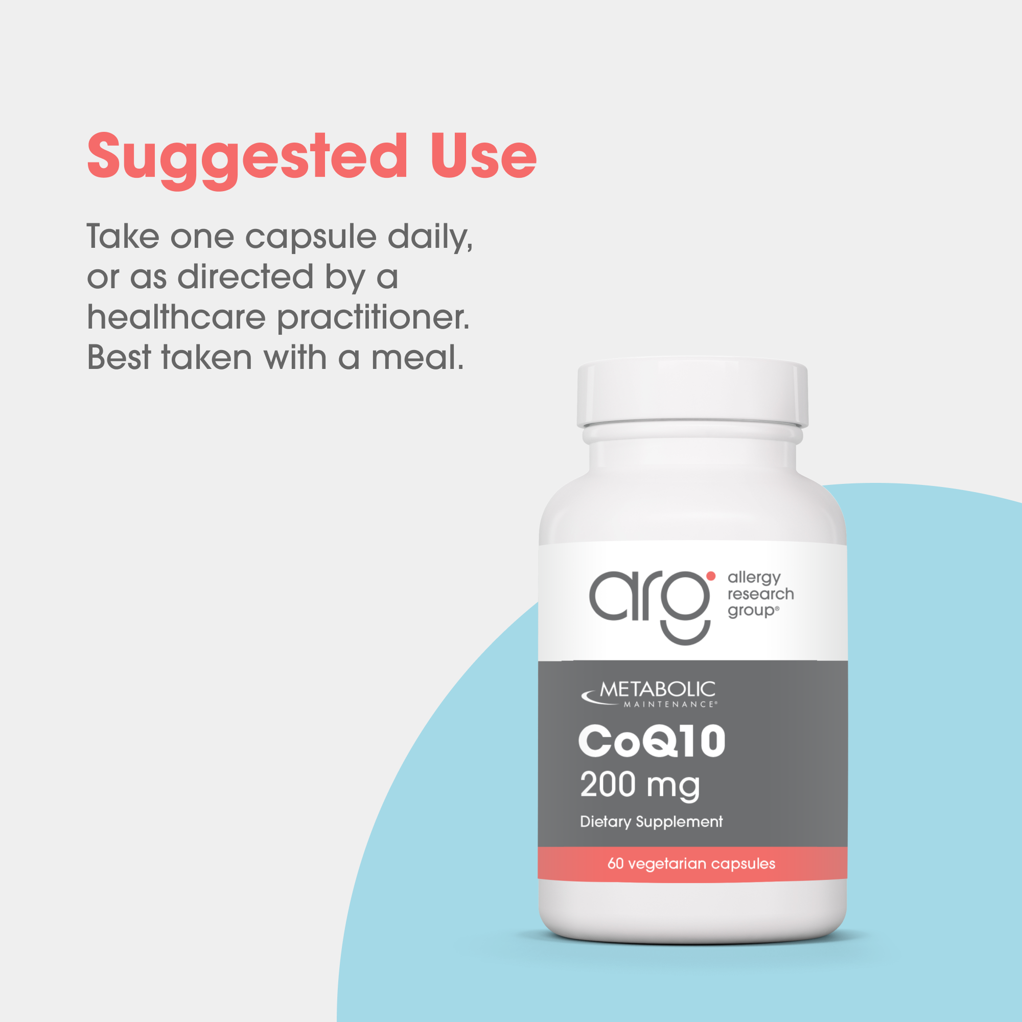 CoQ10 200 mg dietary supplement bottle with suggested use instructions.