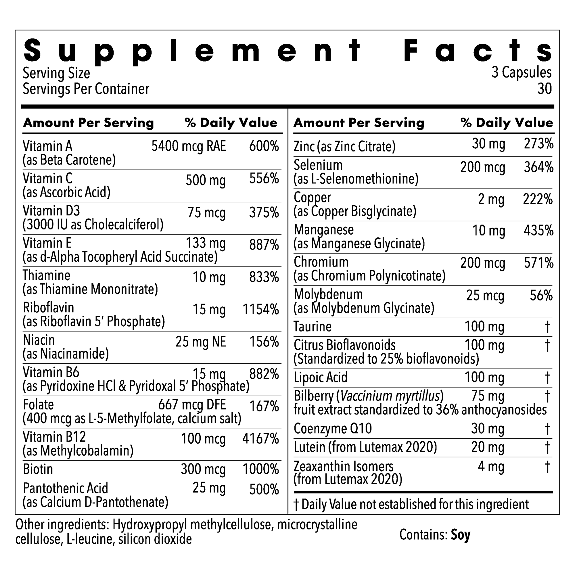 Supplement Facts panel listing vitamins and minerals per serving.