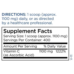 Vitamin C powder supplement facts label showing 1100 mg vitamin C per scoop