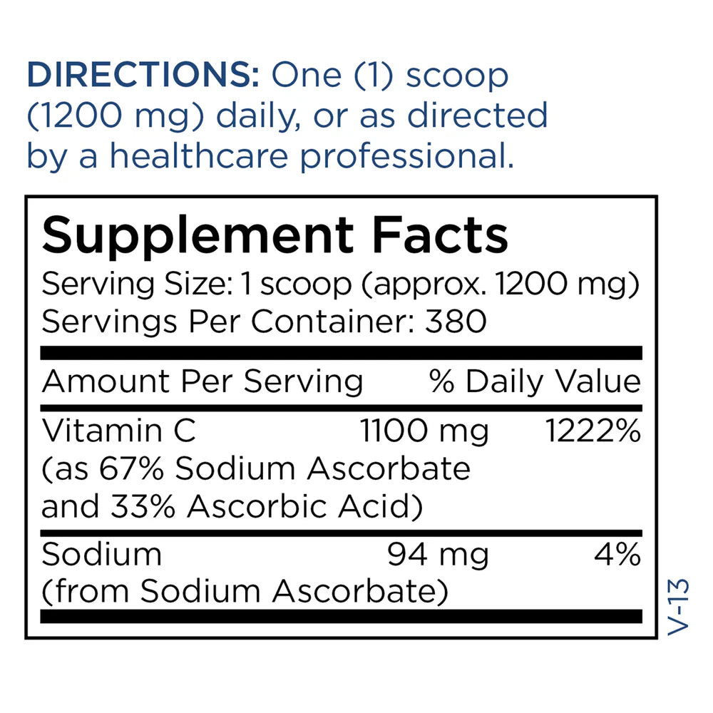 Supplement Facts panel for Metabolic Maintenance Vitamin C Powder Reduced Acidity showing vitamin C, sodium, and serving size details