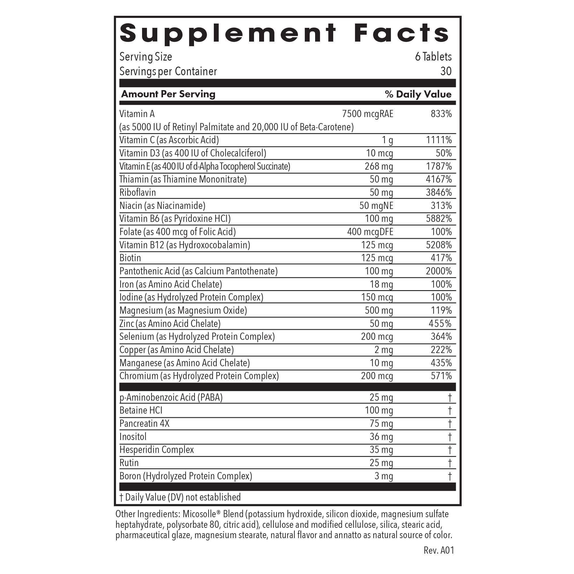 Optimox® Androvite® - supplement fact label with Vitamin A, C, D3, E, B6, Thiamin, Niacin and more