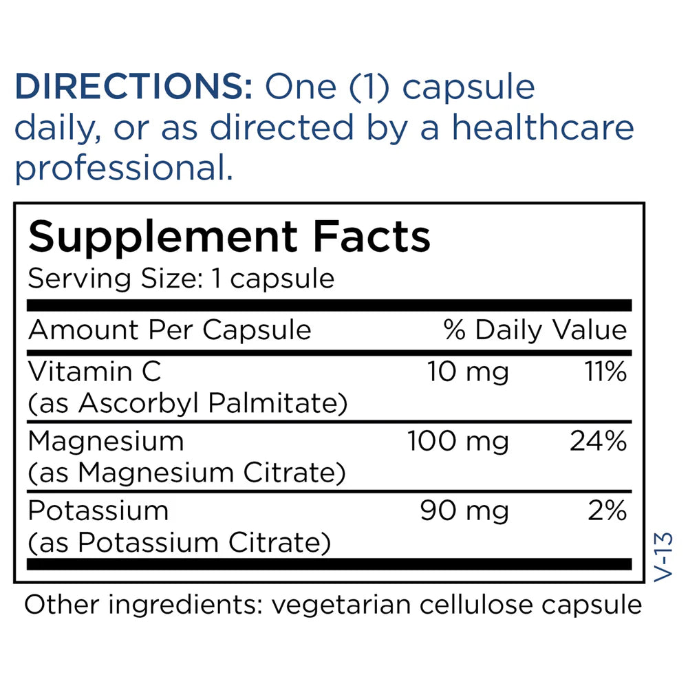 Supplement Facts panel for Potassium Magnesium Citrate showing potassium and magnesium citrate minerals, serving size, and amount per serving