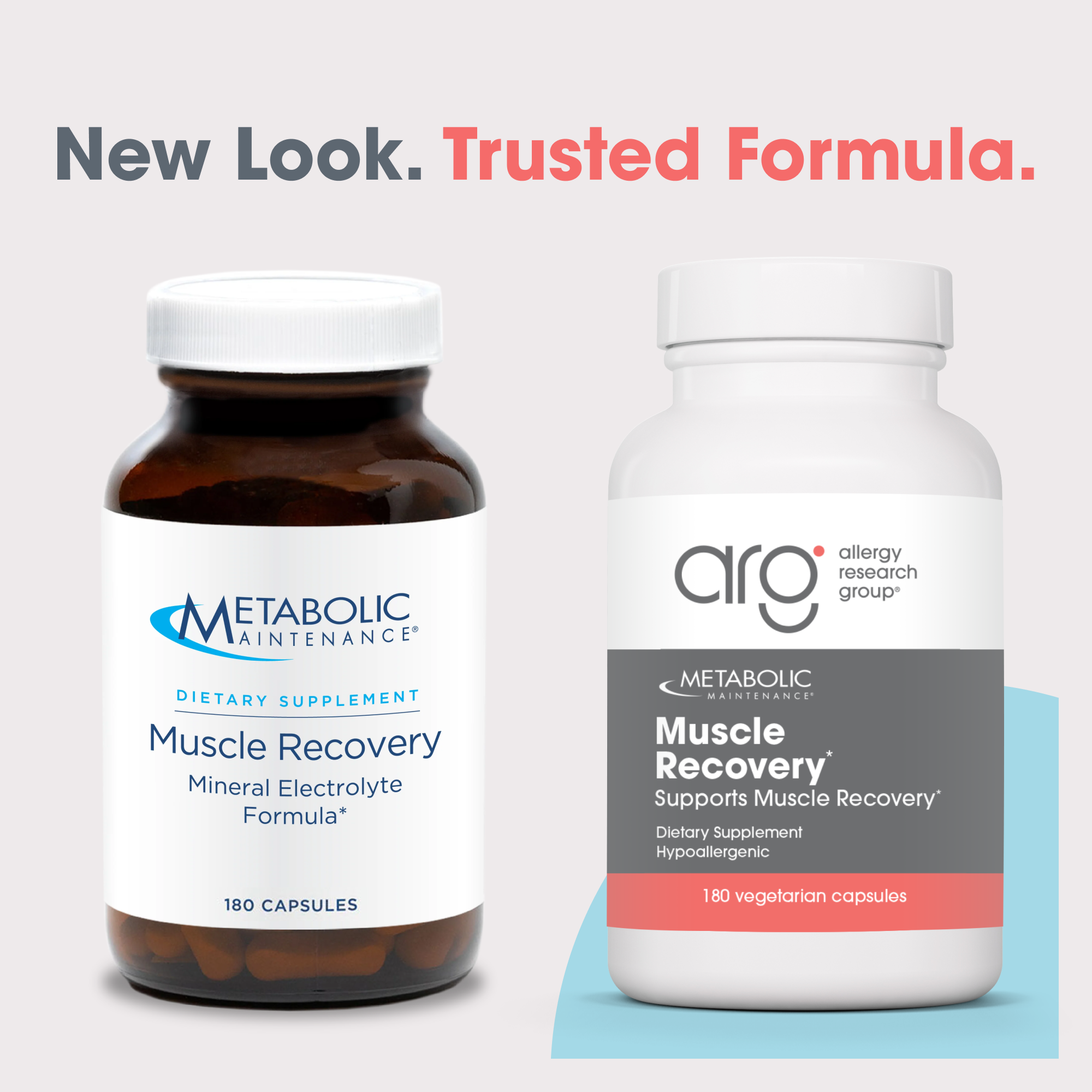 Side-by-side Metabolic Maintenance Muscle Recovery and ARG Muscle Recovery bottles under New Look Trusted Formula