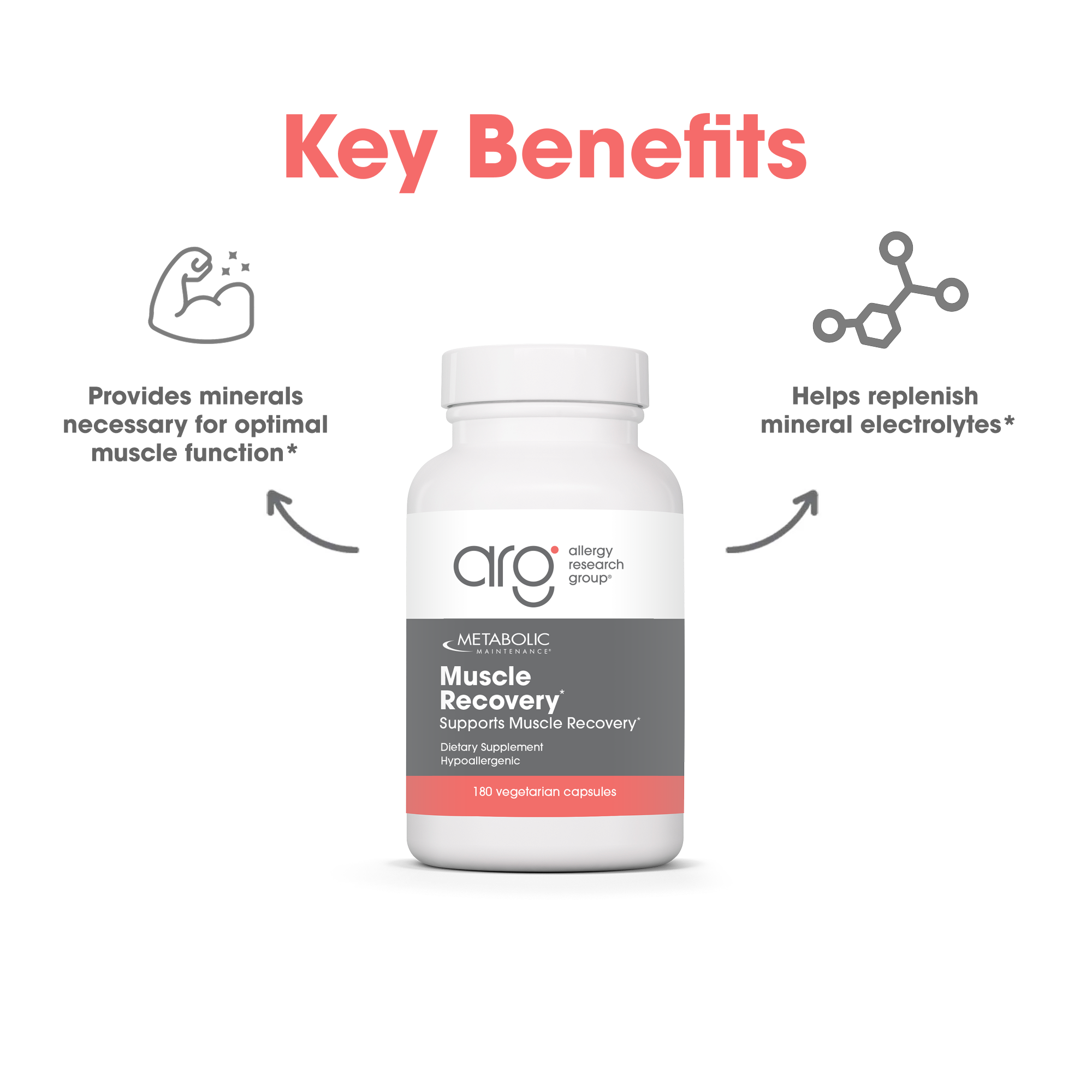 Key Benefits graphic featuring the Muscle Recovery bottle and two benefit icons for minerals and electrolytes