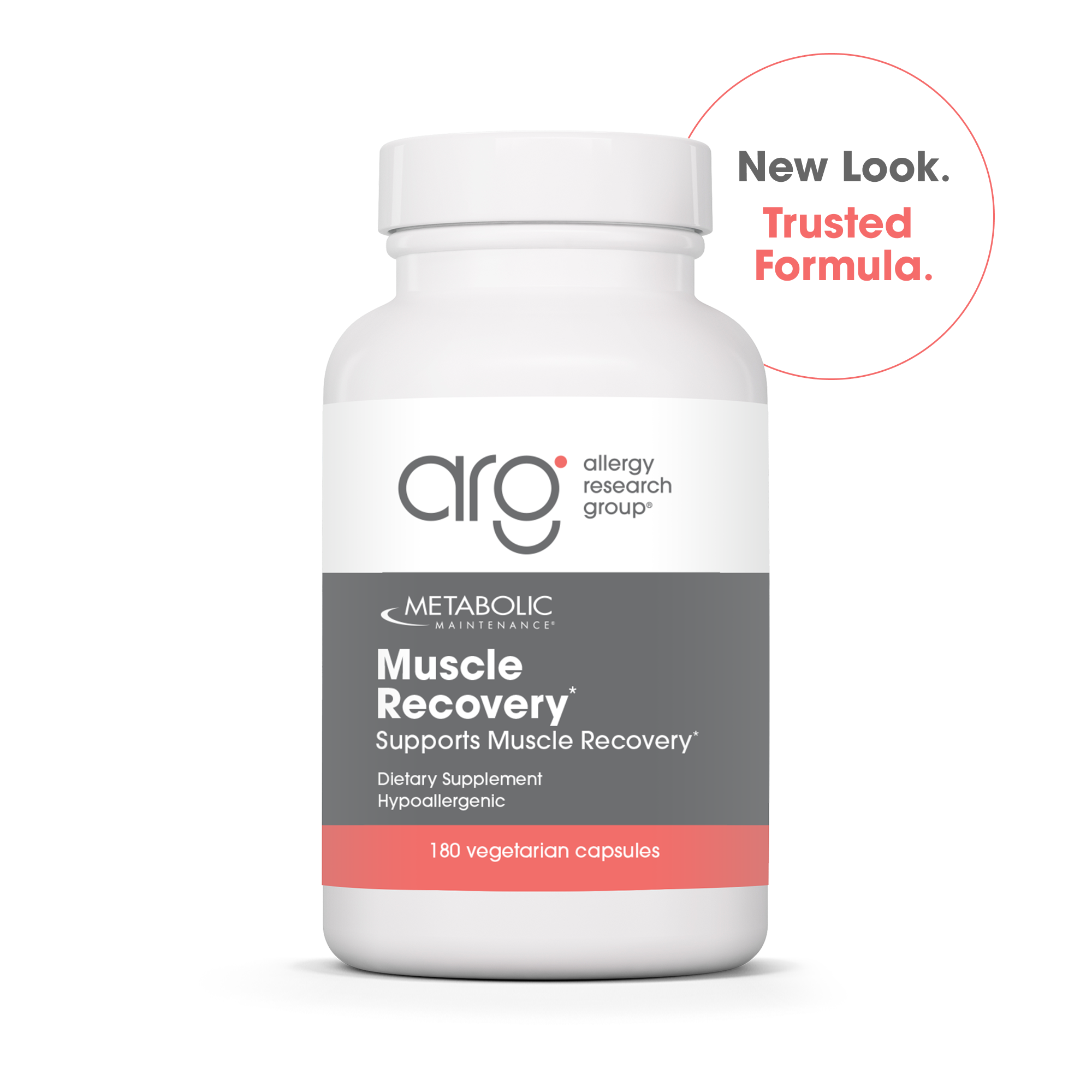 Muscle Recovery dietary supplement bottle with New Look Trusted Formula badge
