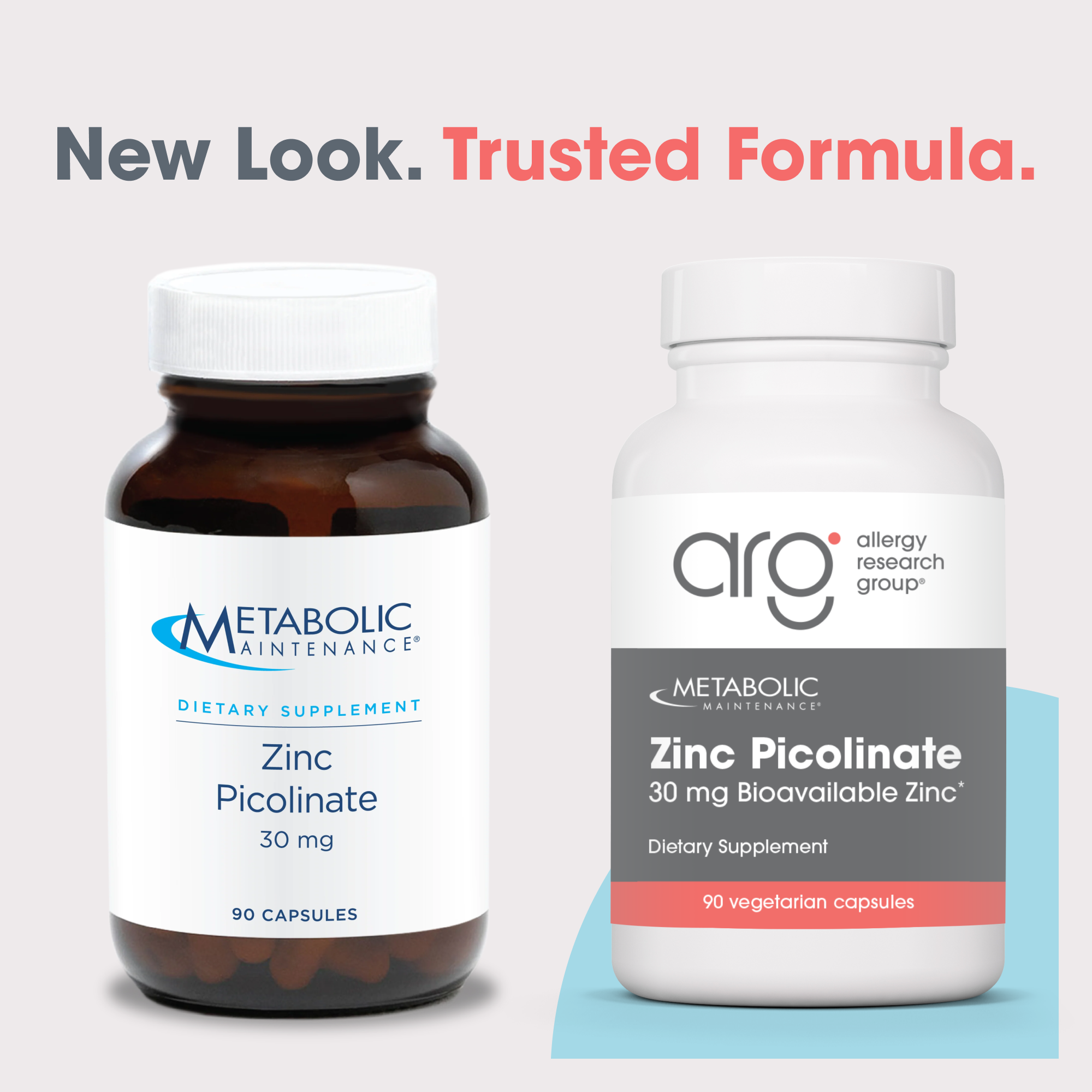 Two zinc Picolinate bottles side by side on a pastel backdrop with New Look Trusted Formula title