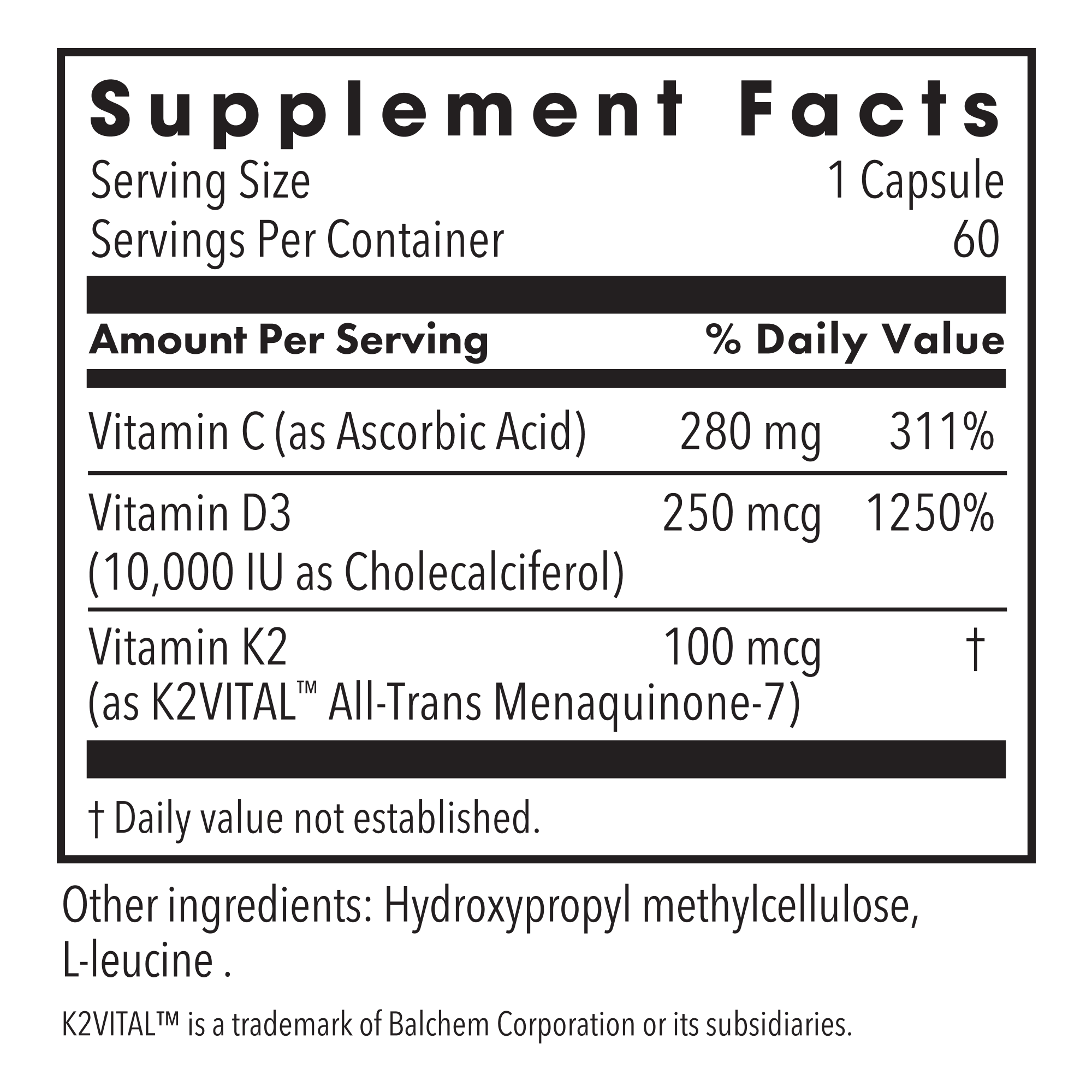 Supplement Facts for Vitamin D3 with Vitamin K2 MK-7 showing 250 mcg per capsule and 60 capsules per container