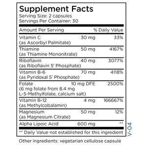 Supplement Facts panel for NERVEsustain peripheral nerve support showing alpha lipoic acid, B vitamins, magnesium, and serving information