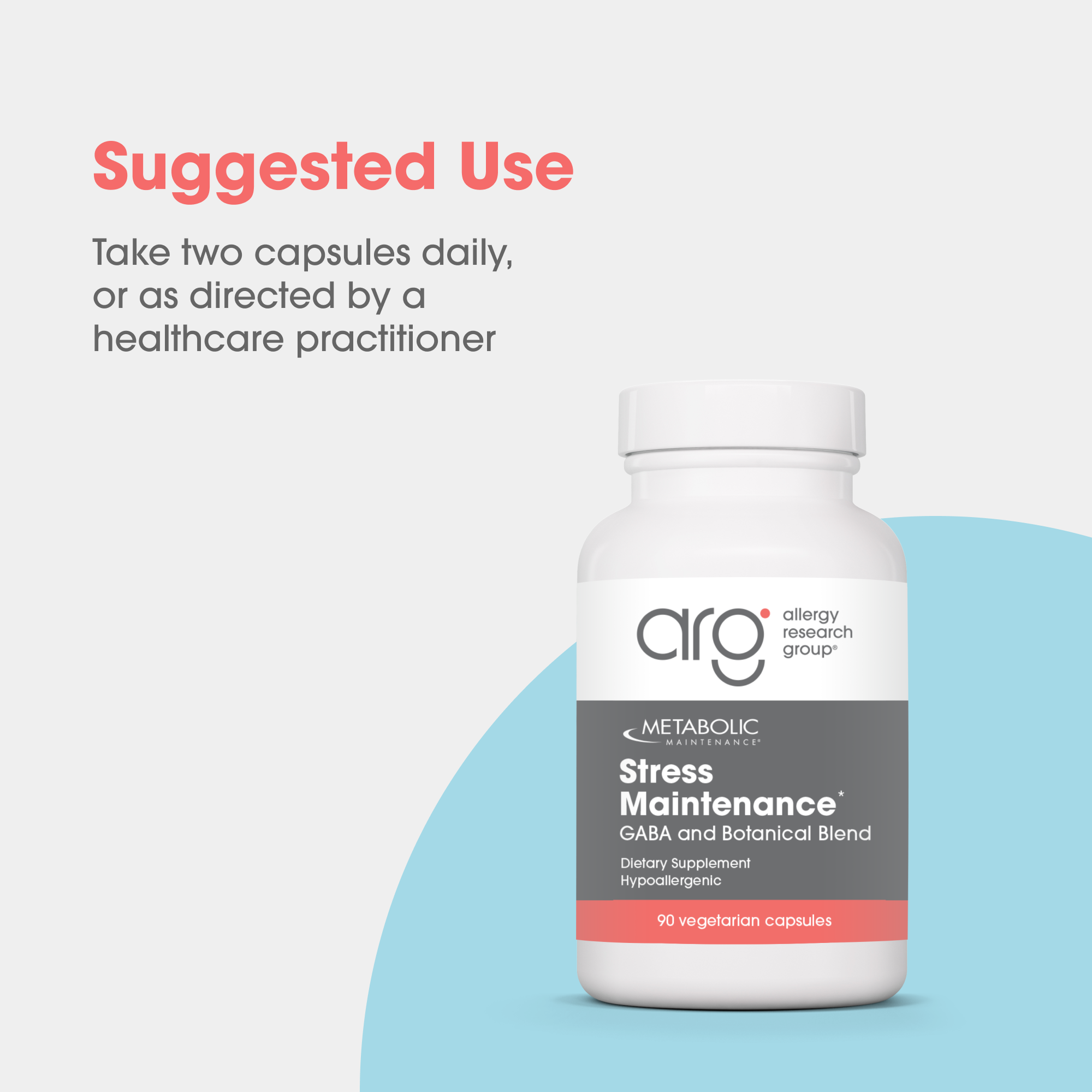 Metabolic Maintenance Stress Maintenance bottle on a pale background beside a blue curved shape with suggested use text.
