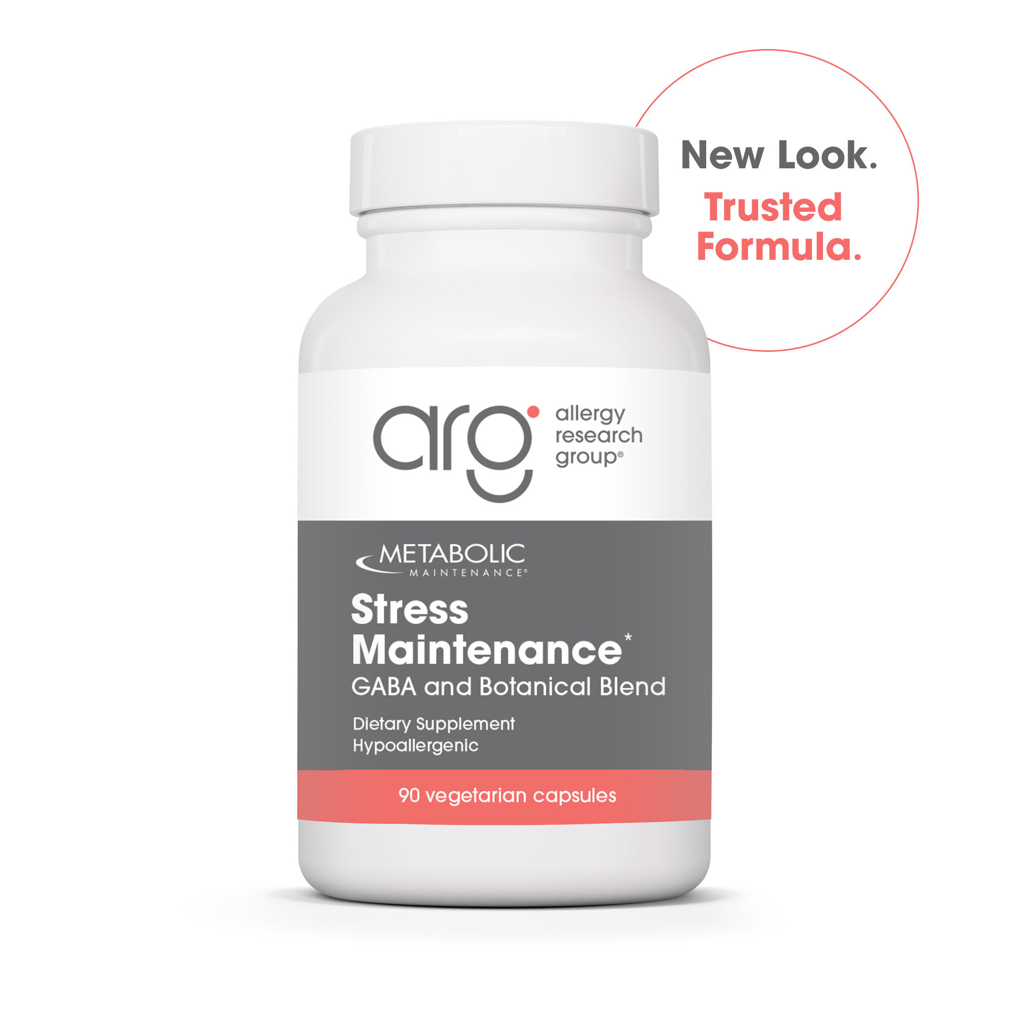 Bottle of Metabolic Maintenance Stress Maintenance supplement with GABA blend and new look.