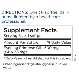 Supplement Facts panel for Evening Primrose Oil 500 mg showing evening primrose oil, gamma-linolenic acid, serving size, and supplement facts