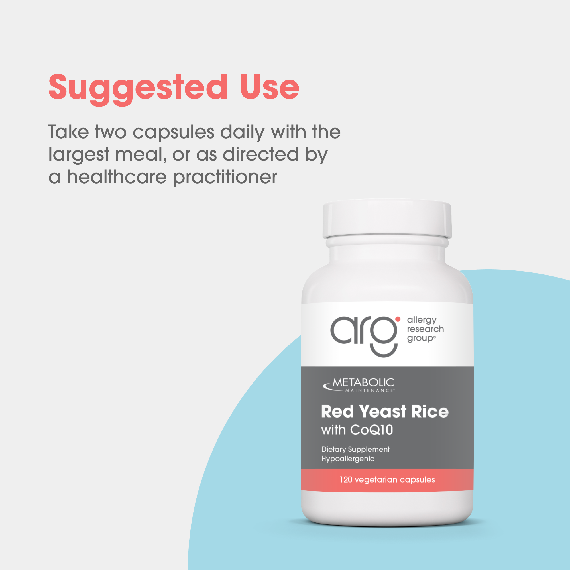 Red Yeast Rice with CoQ10 suggested use graphic instructing two capsules daily with the largest meal or as directed