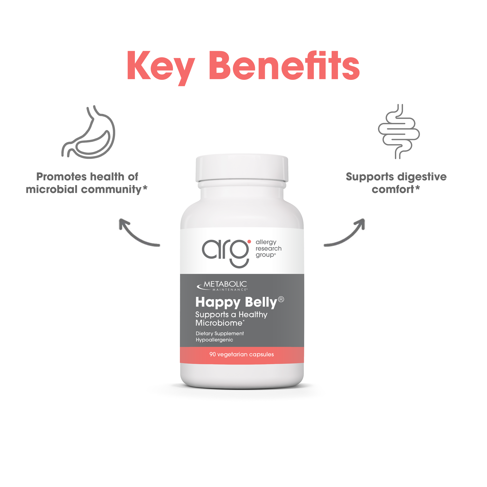 Metabolic Maintenance Happy Belly bottle with key benefits icons indicating digestive support and microbiome health.