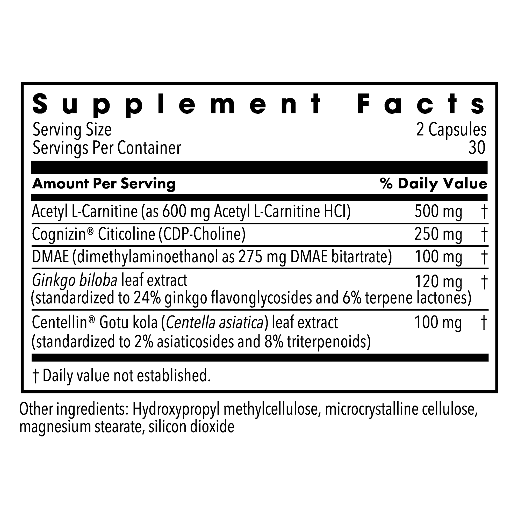 Brain Cell Support supplement facts label with acetyl L-carnitine, citicoline, DMAE, ginkgo, and gotu kola