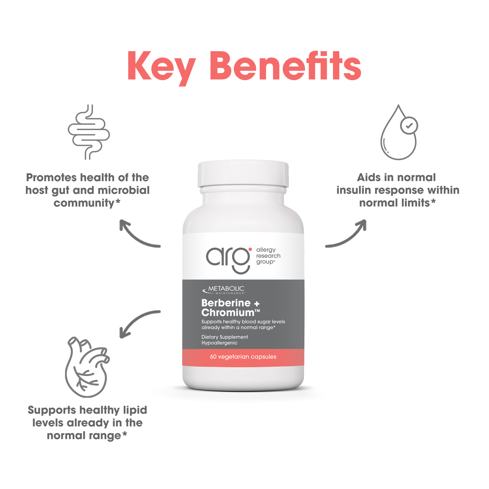 Bottle of Metabolic Maintenance Berberine + Chromium centered among three benefit icons promoting gut health insulin support and lipid balance.