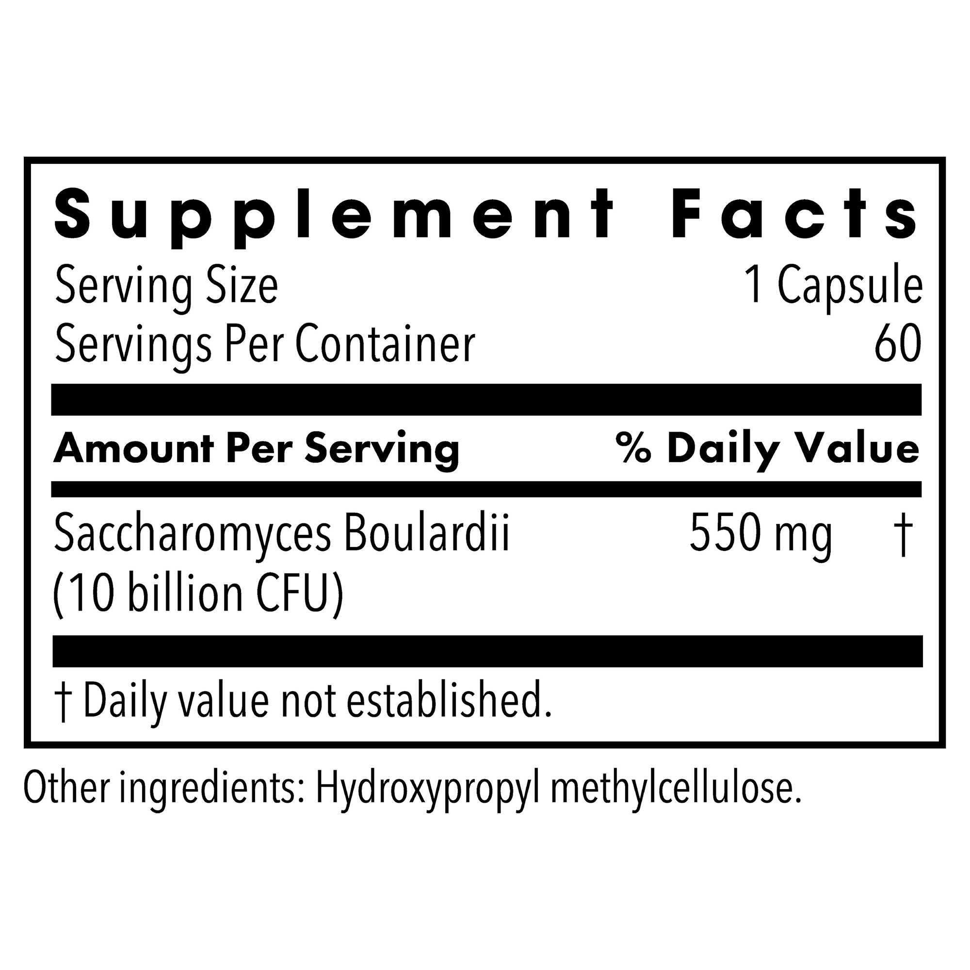 Saccharomyces Boulardii Supplement Facts panel showing 550 mg Saccharomyces boulardii providing 10 billion CFU per capsule