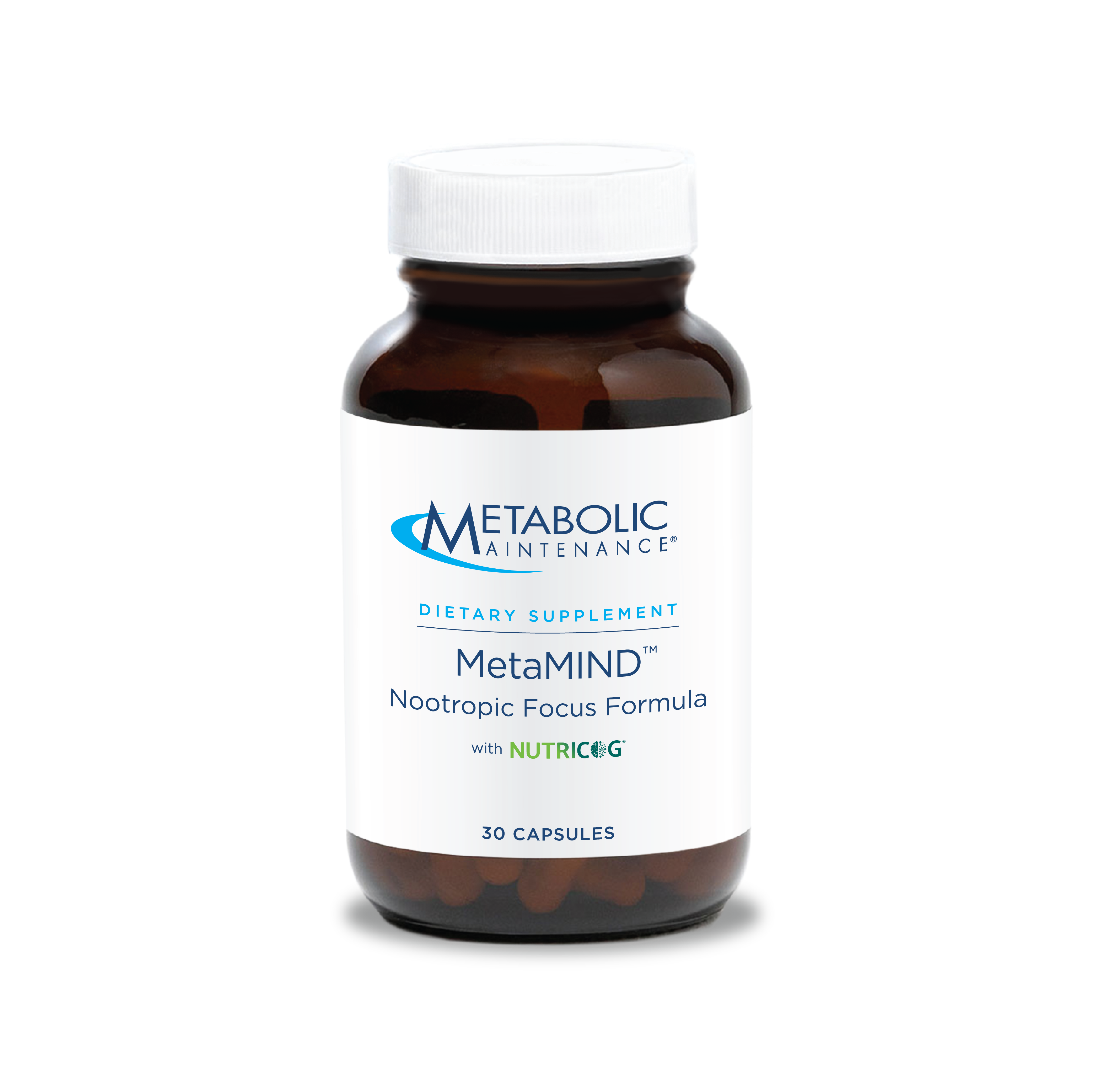 Metabolic Maintenance MetaMIND bottle, nootropic focus supplement for attention, productivity, brain health, and digital lifestyle support