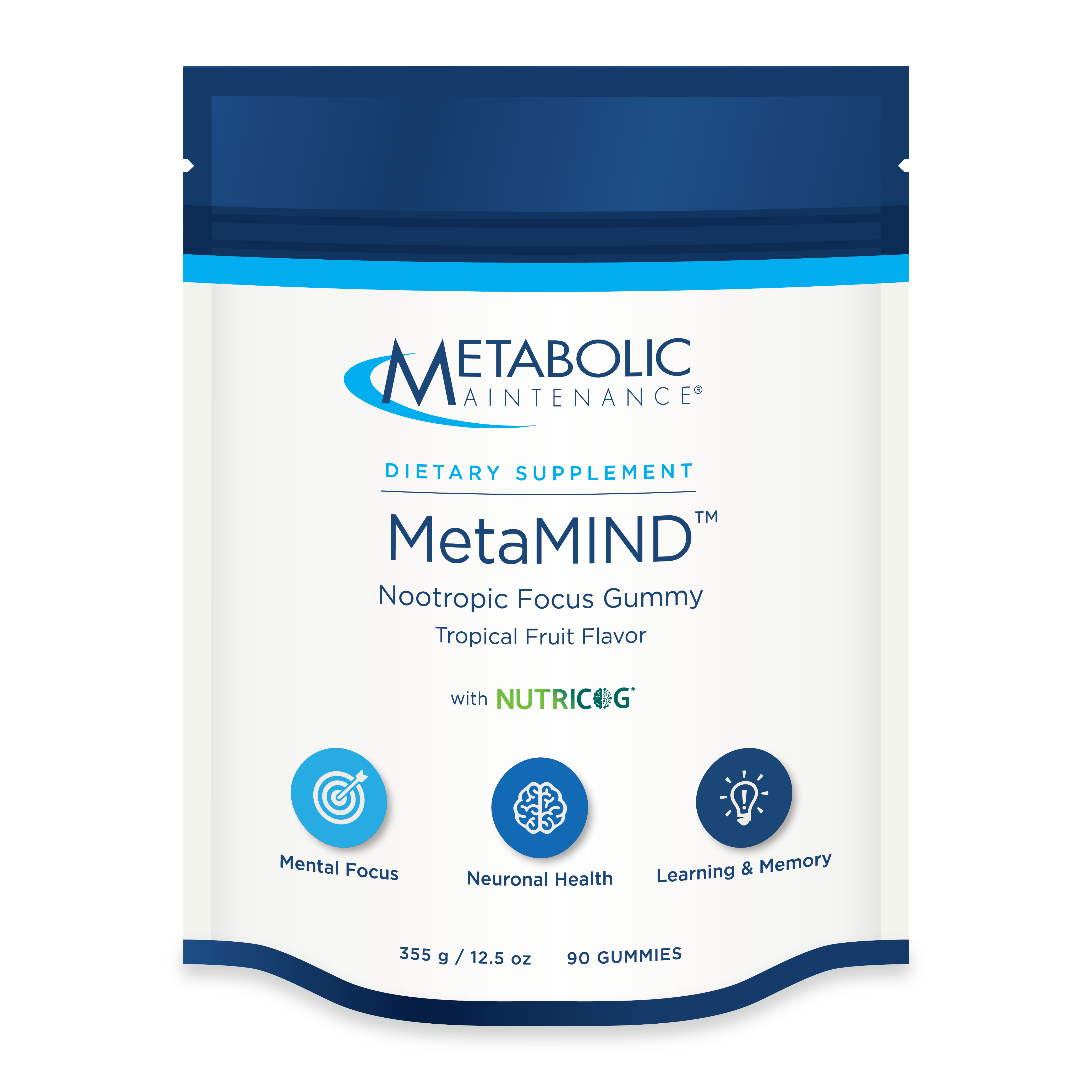 Metabolic Maintenance MetaMIND tropical fruit nootropic focus gummy pouch with Nutricog, 90 gummies for mental focus, neuronal health, learning, and memory