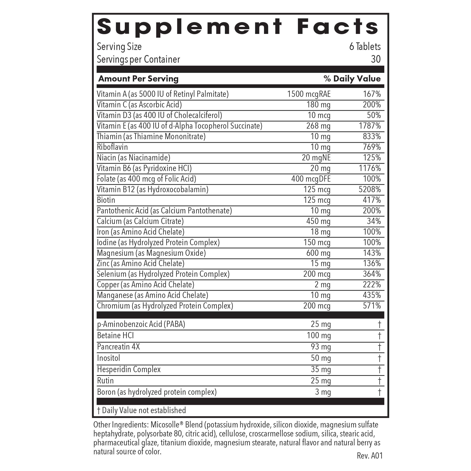 Optimox® Gynovite® - supplement fact label with Vitamin A,C,D3,E, Niacin, Biotin and more