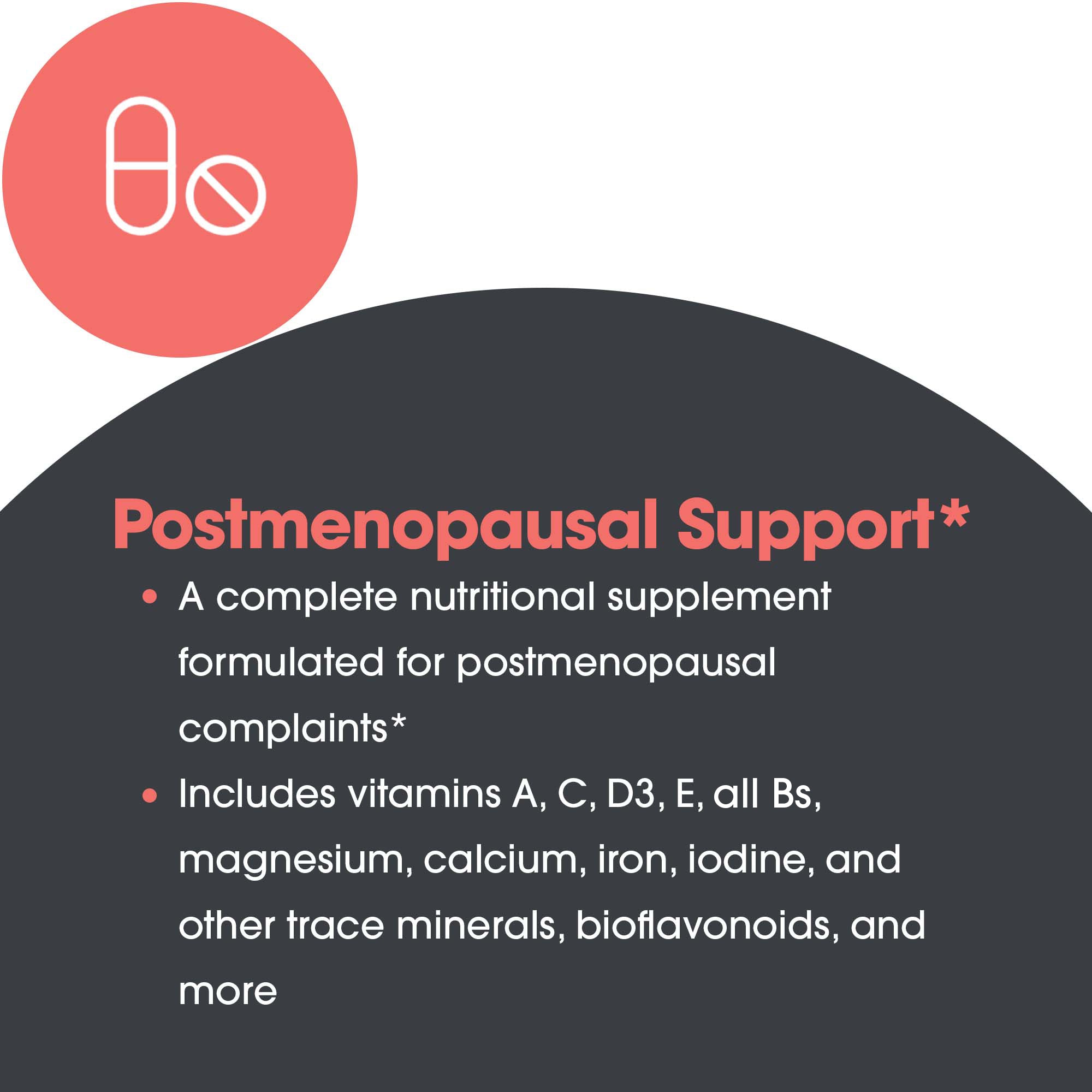 Optimox Gynovite Plus postmenopausal support infographic describing a complete nutritional supplement with vitamins, minerals, bioflavonoids, and trace minerals