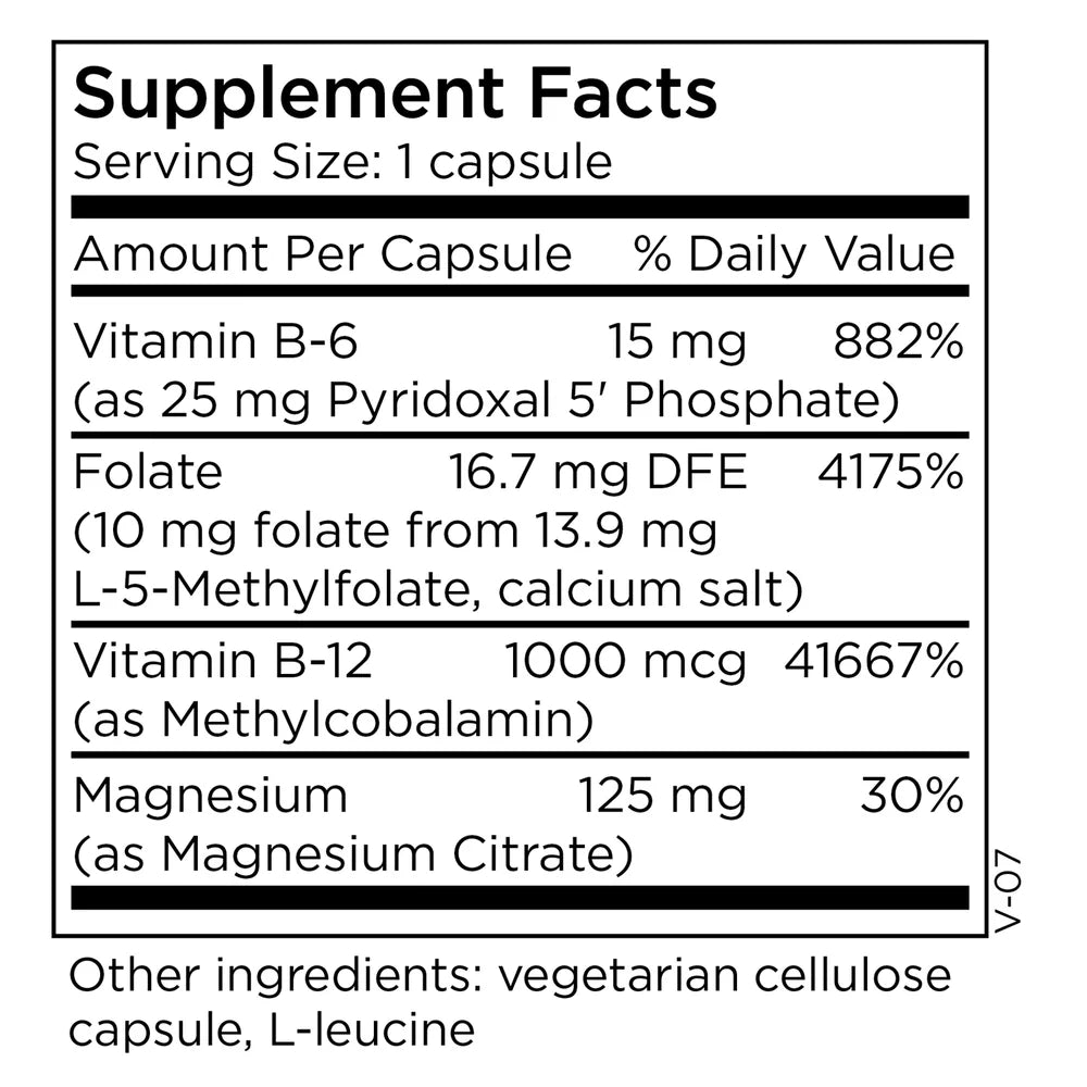 Supplement Facts panel for MethylPro L-Methylfolate 10 mg plus Cofactors showing methylfolate, methylated B vitamins, magnesium, serving size, and nutrient amounts