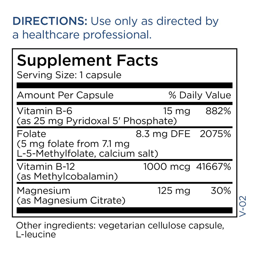 Supplement Facts panel for MethylPro L-Methylfolate 5 mg plus Cofactors showing active folate, methylated B vitamins, magnesium, and serving details