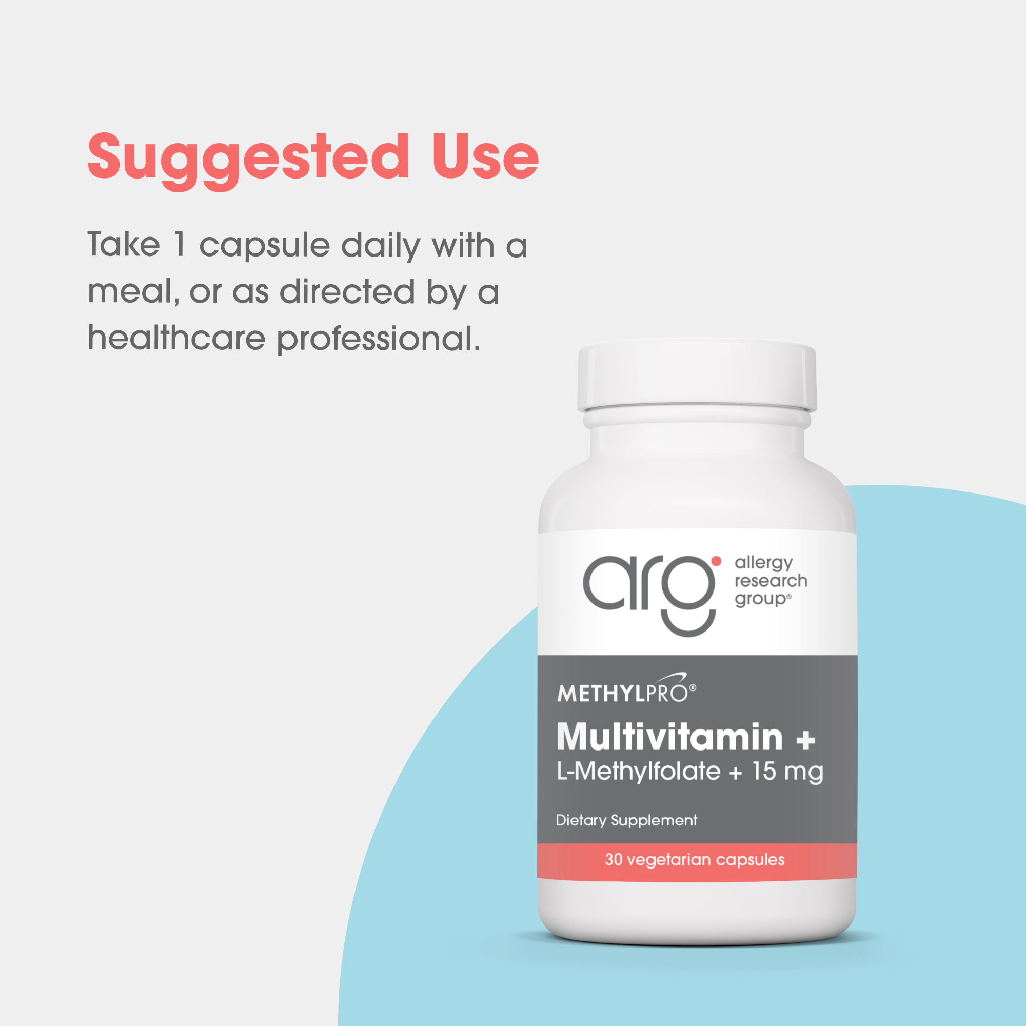 MethylPro Multivitamin bottle on a pale background with Suggested Use text.