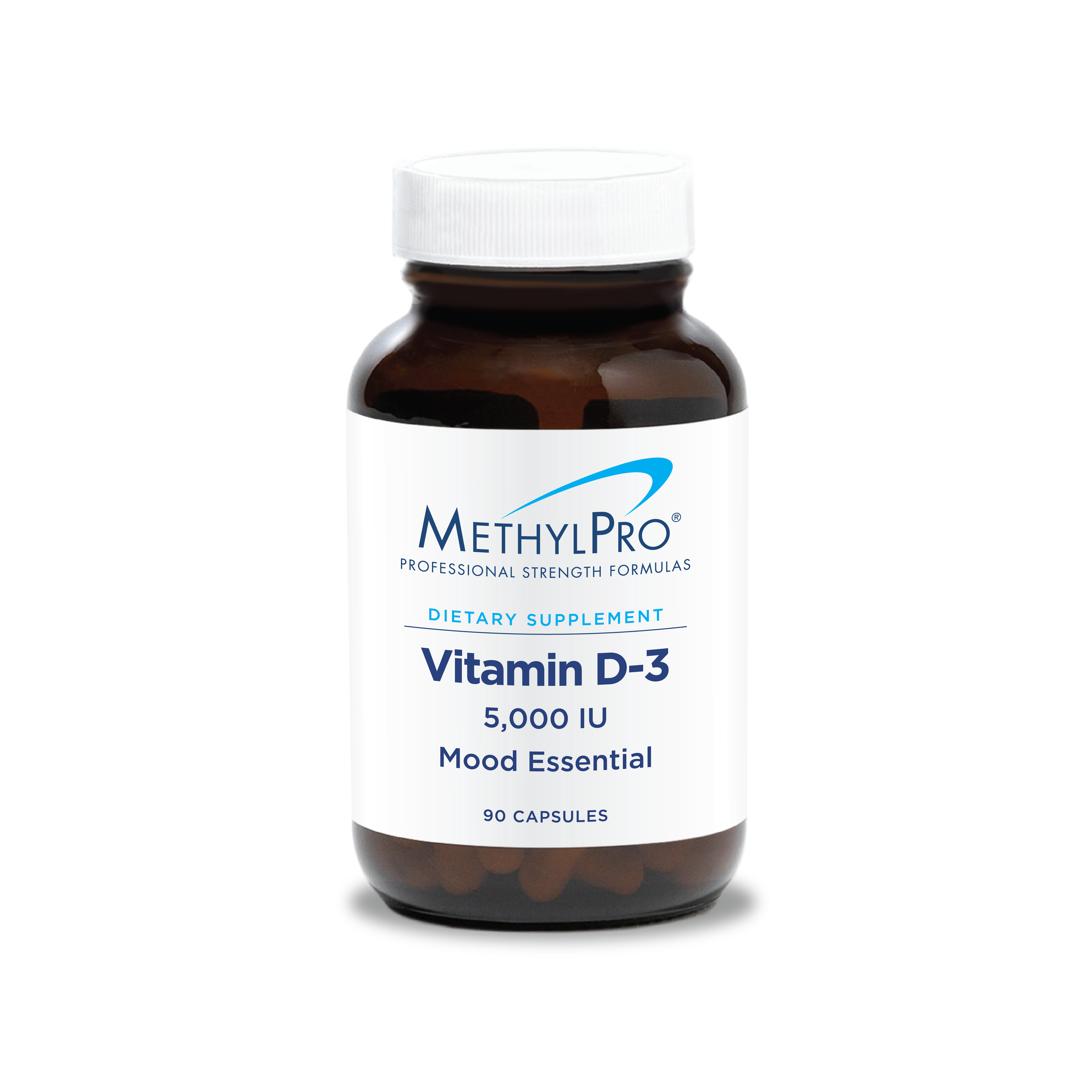 MethylPro Vitamin D-3 5000 IU Mood Essential bottle, 90 capsules for immune support, bone health, and mood wellness