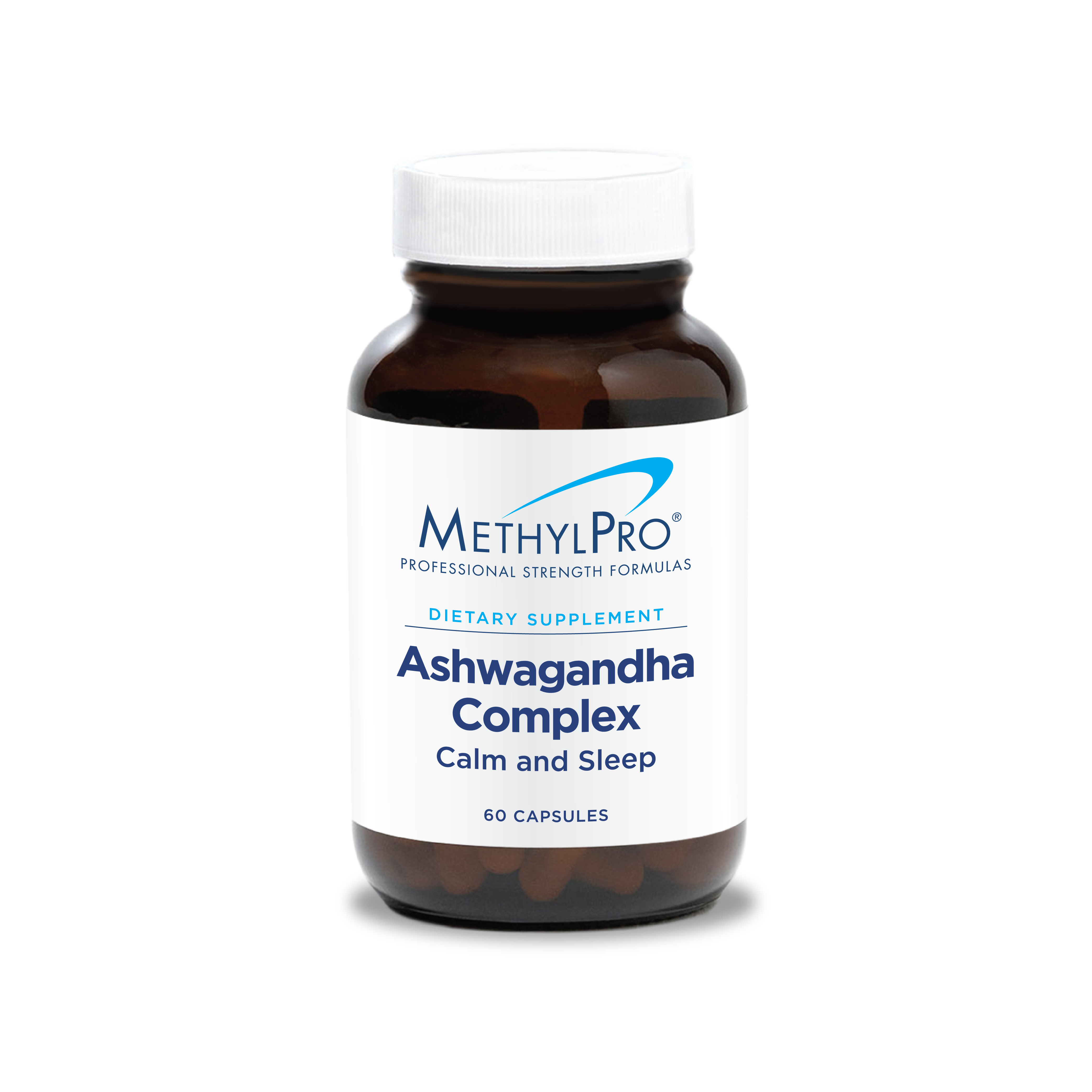 MethylPro Ashwagandha Complex Calm and Sleep bottle, 60 capsules with ashwagandha, L-theanine, and magnesium for stress and sleep support