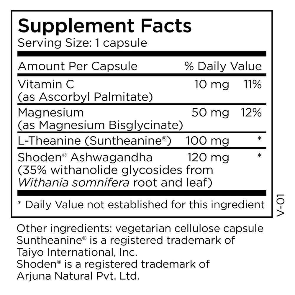 Supplement Facts panel for MethylPro Ashwagandha Complex showing ashwagandha, L-theanine, magnesium, serving size, and calm and sleep support details