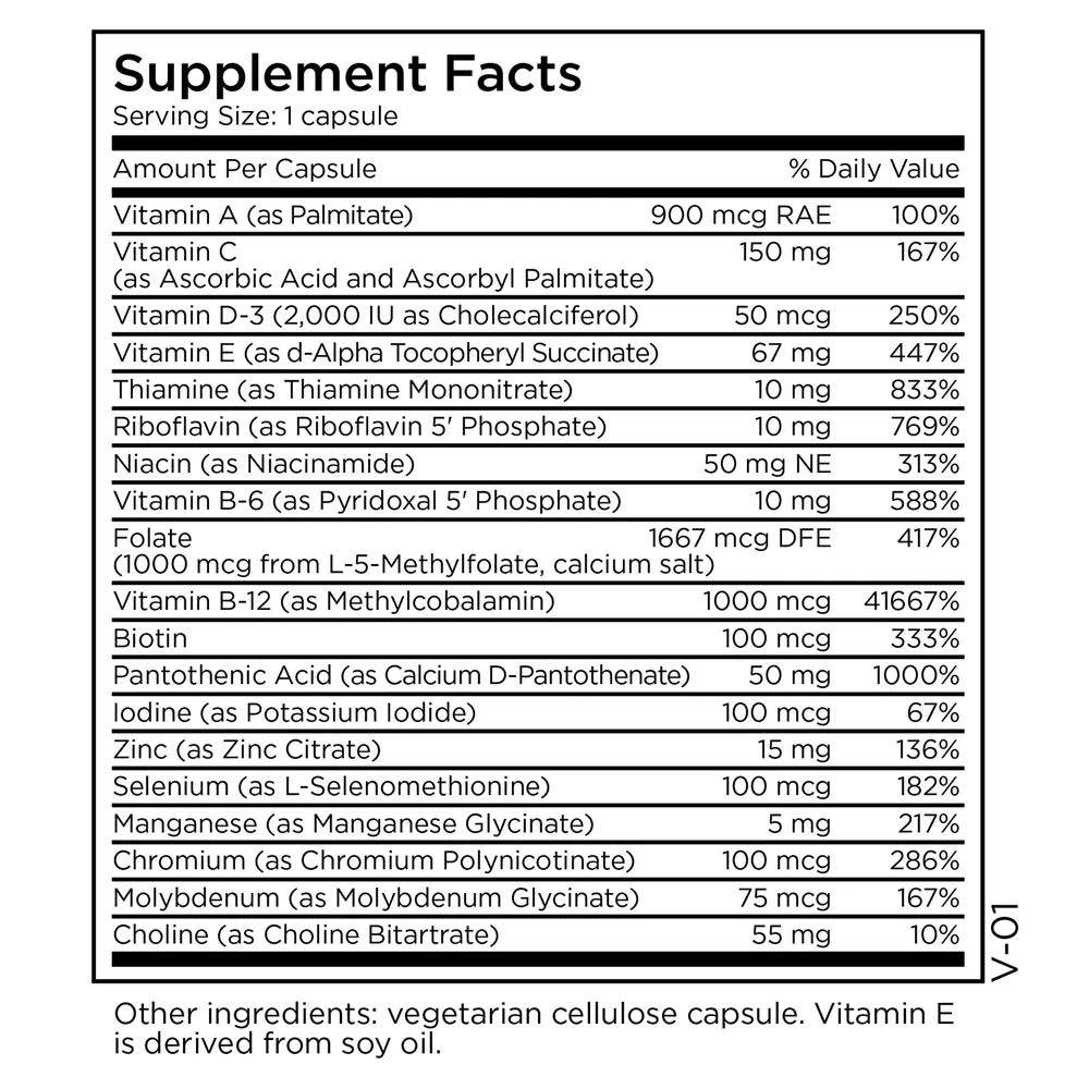 Supplement Facts panel for MethylPro Multivitamin plus 1 mg L-Methylfolate showing vitamins, minerals, active folate, and serving information