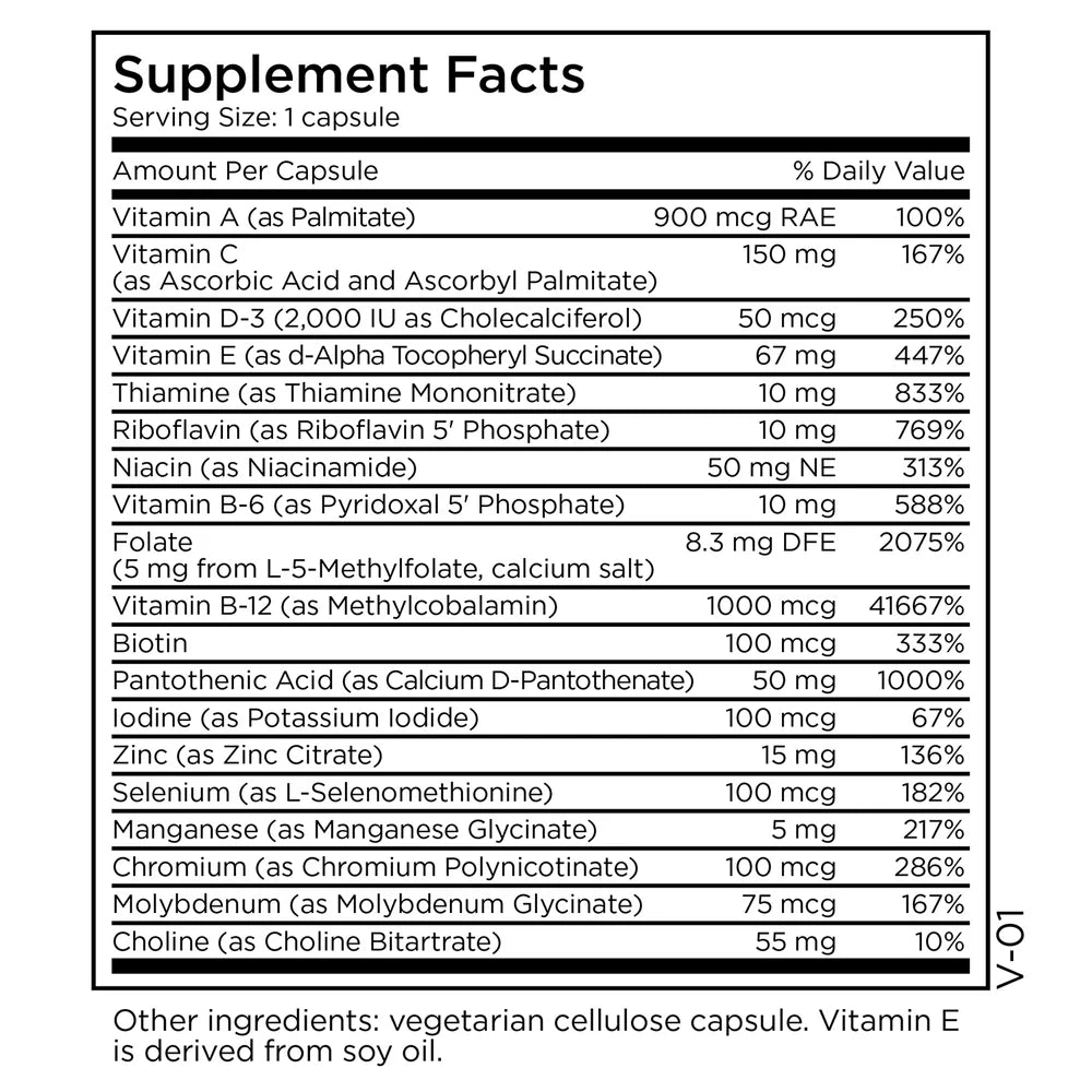 Supplement Facts panel for MethylPro Multivitamin plus 5 mg L-Methylfolate showing vitamins, minerals, active folate, and serving information