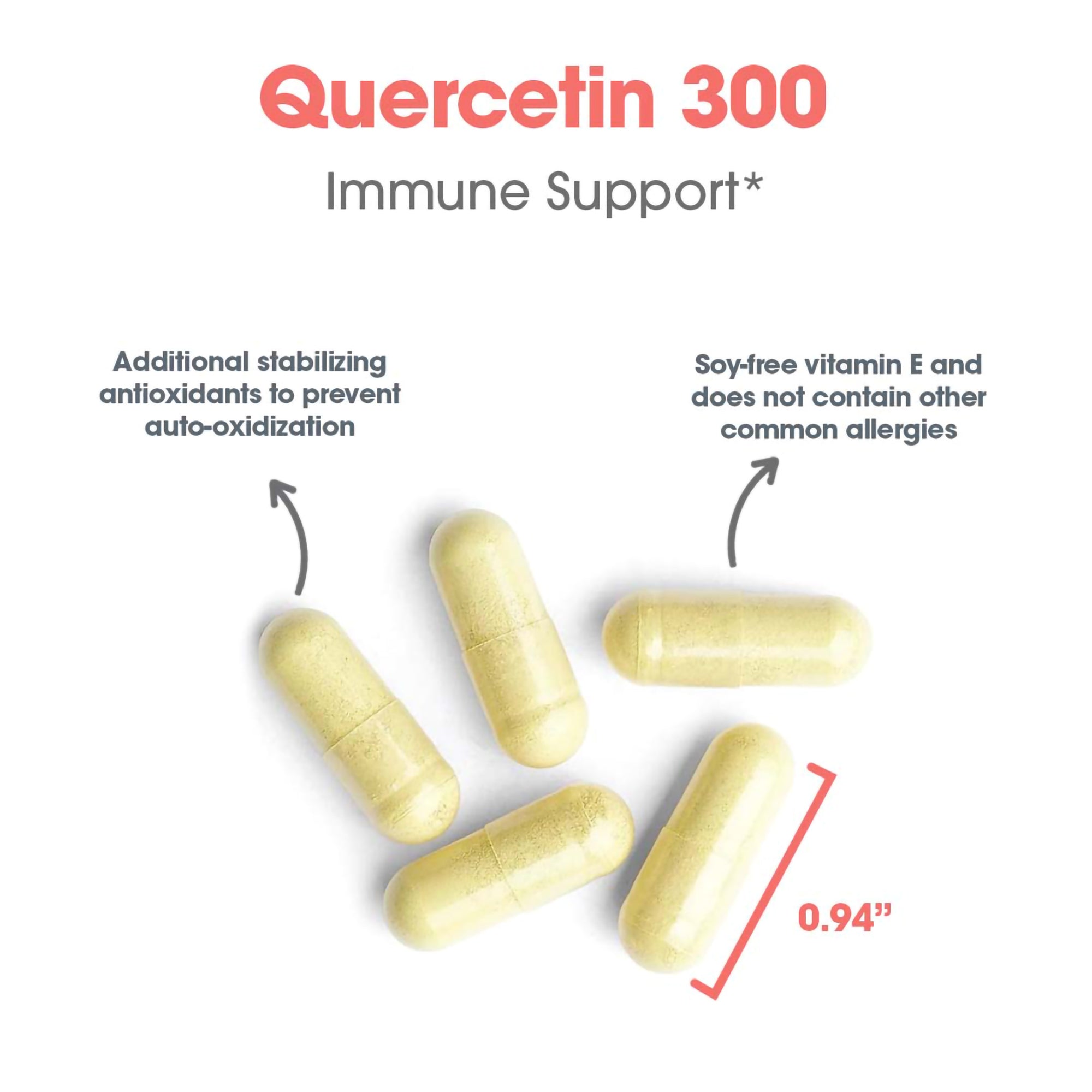 Quercetin 300 - capsule size and composition with antioxidants