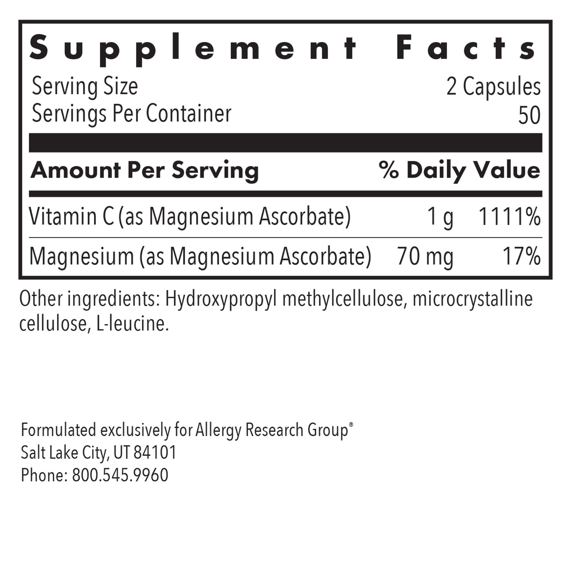 Magnesium Ascorbate - supplement fact label with Vitamin C and Magnesium