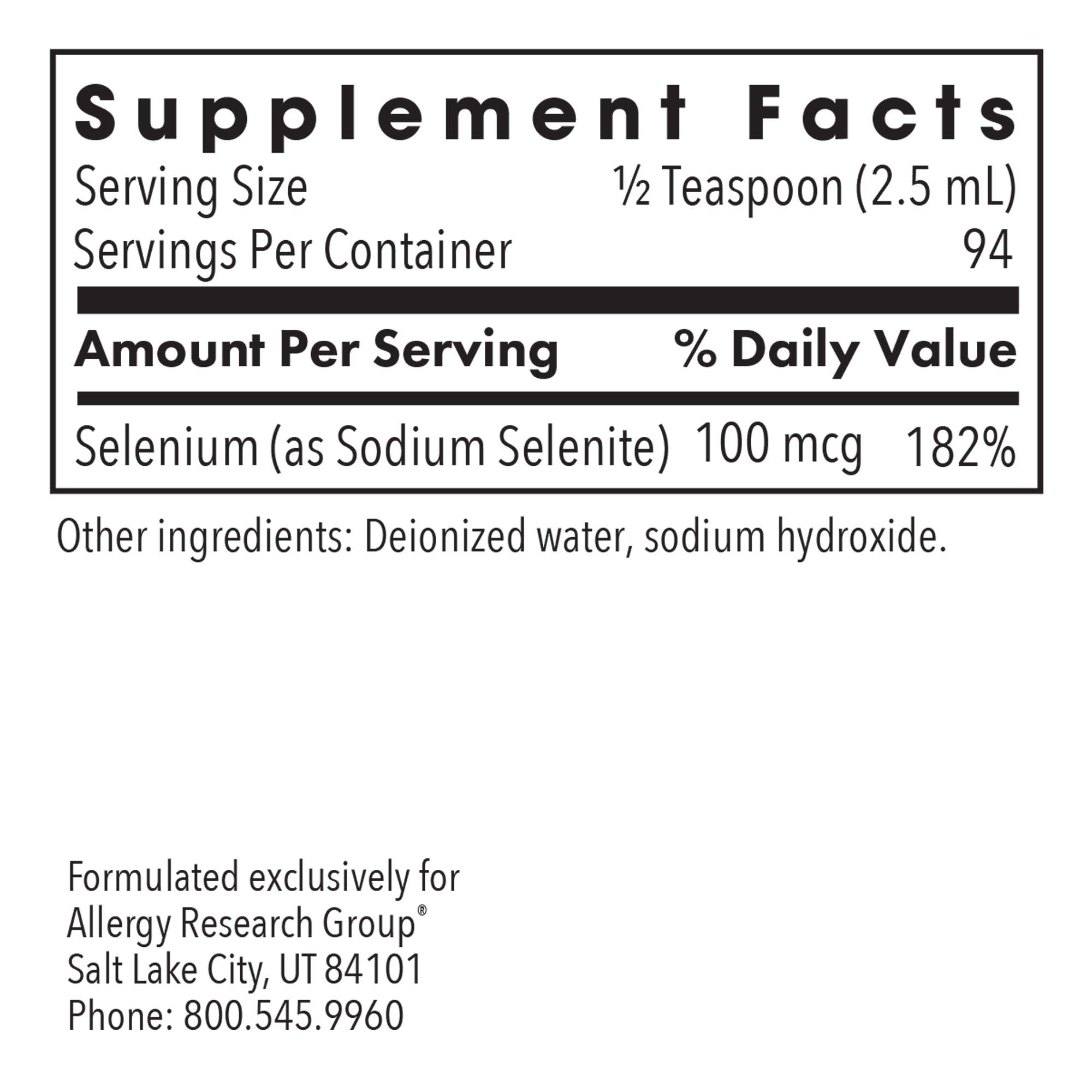 Selenium Solution - supplement fact label with Selenium