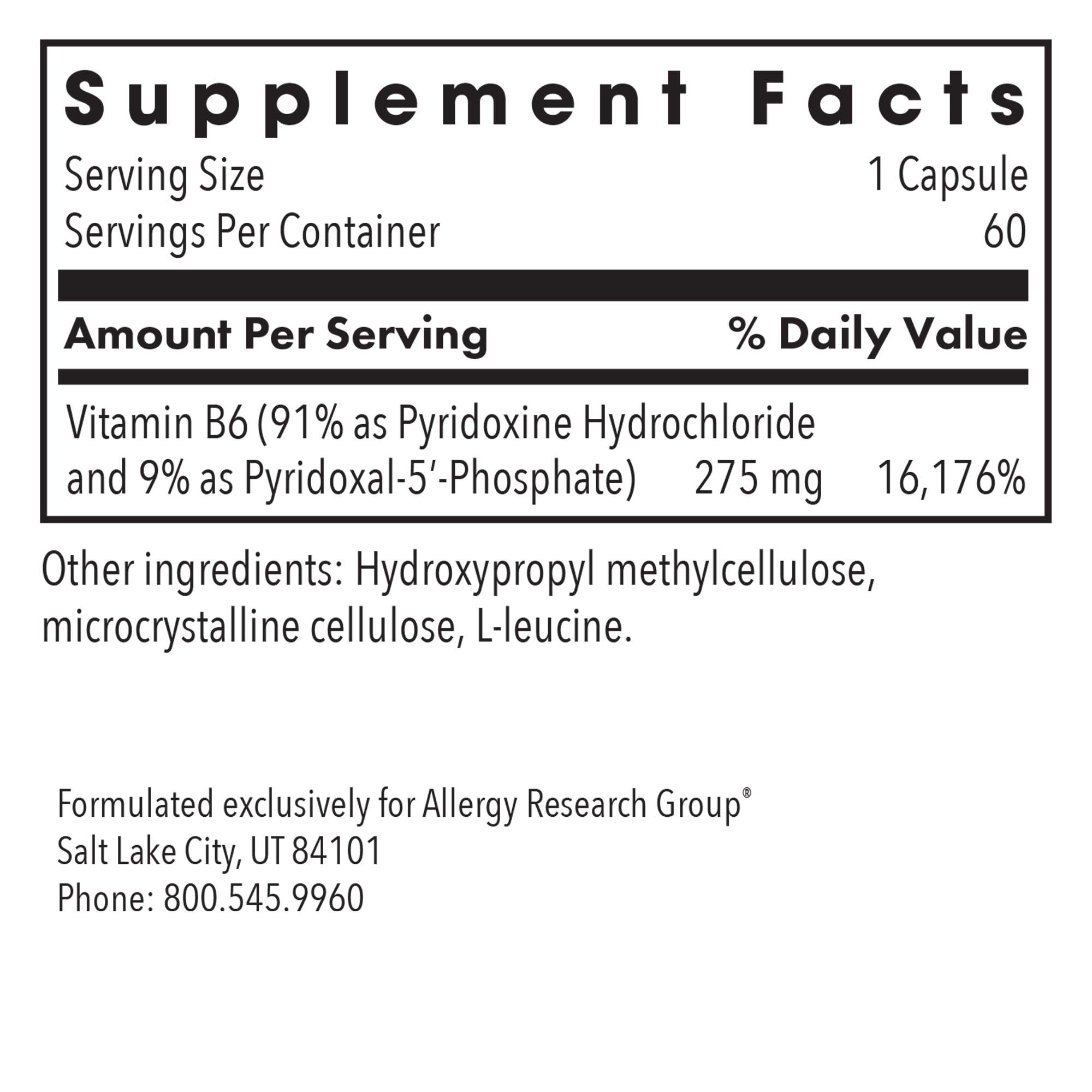 Pyridoxine P5P - supplement fact label with Vitamin B6