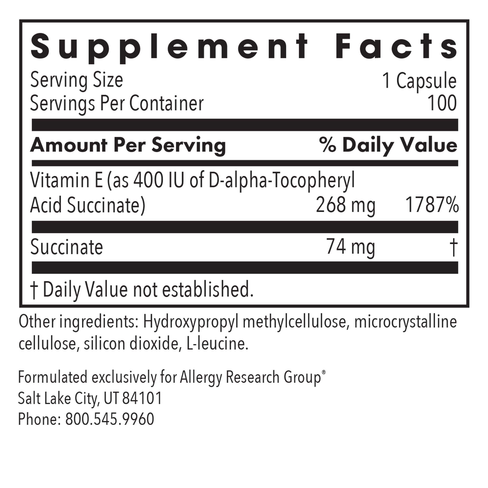 Vitamin E - supplement fact label with Vitamin E and Succionate