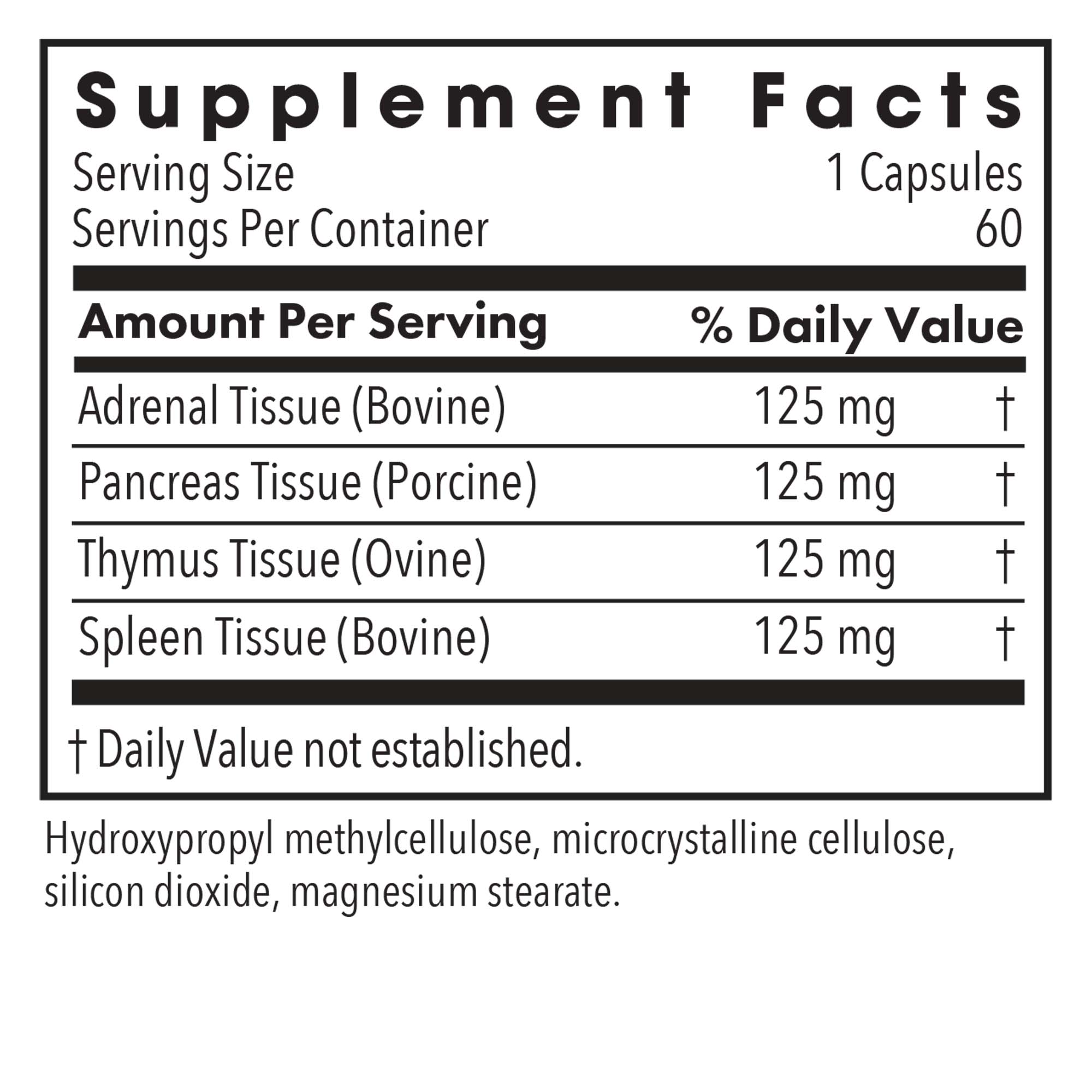 Supplement Facts panel for Immuno-Gland Plex showing adrenal, pancreas, thymus, and spleen tissue amounts per serving