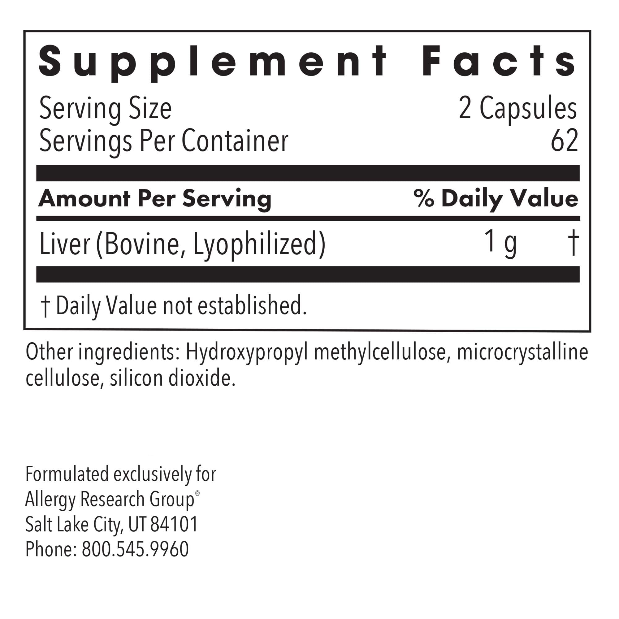 Supplement Facts panel for Liver Beef natural glandular supplement showing beef liver content and serving information