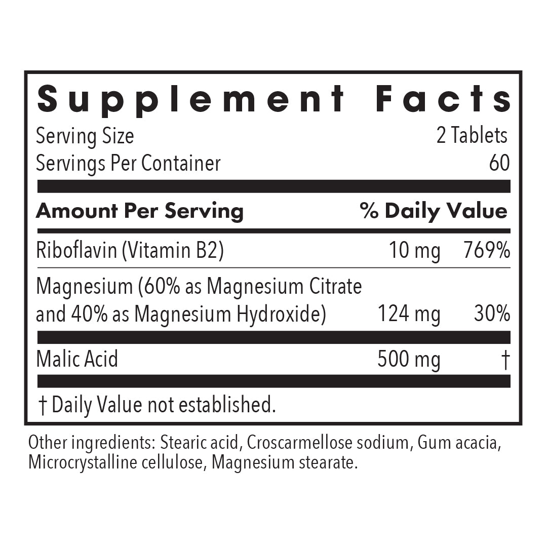 Magnesium Malate Forte - supplement fact label with Riboflavin, Magnesium and Malic Acid