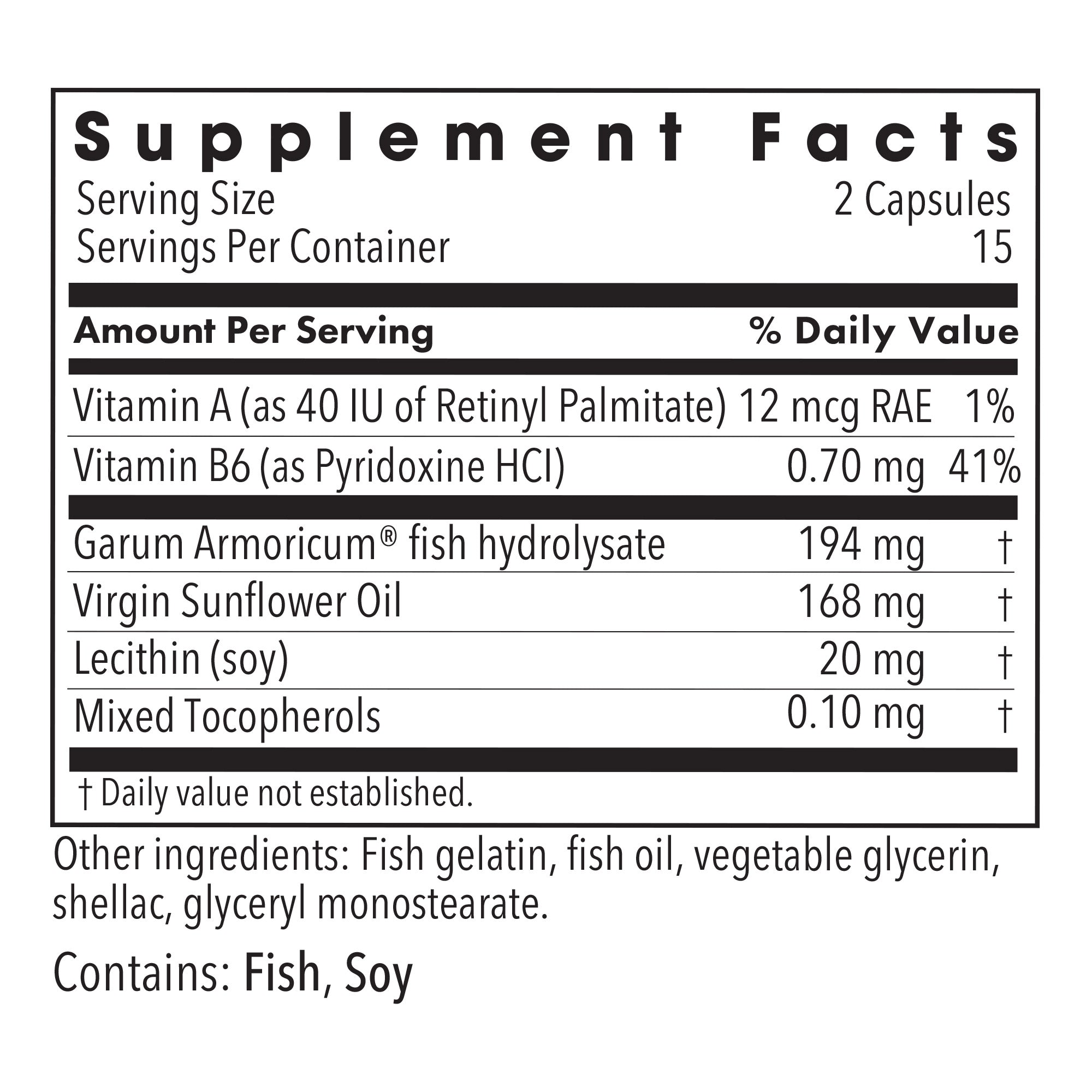 Supplement Facts panel for Stabilium 200 showing Garum Armoricum fish extract and serving information
